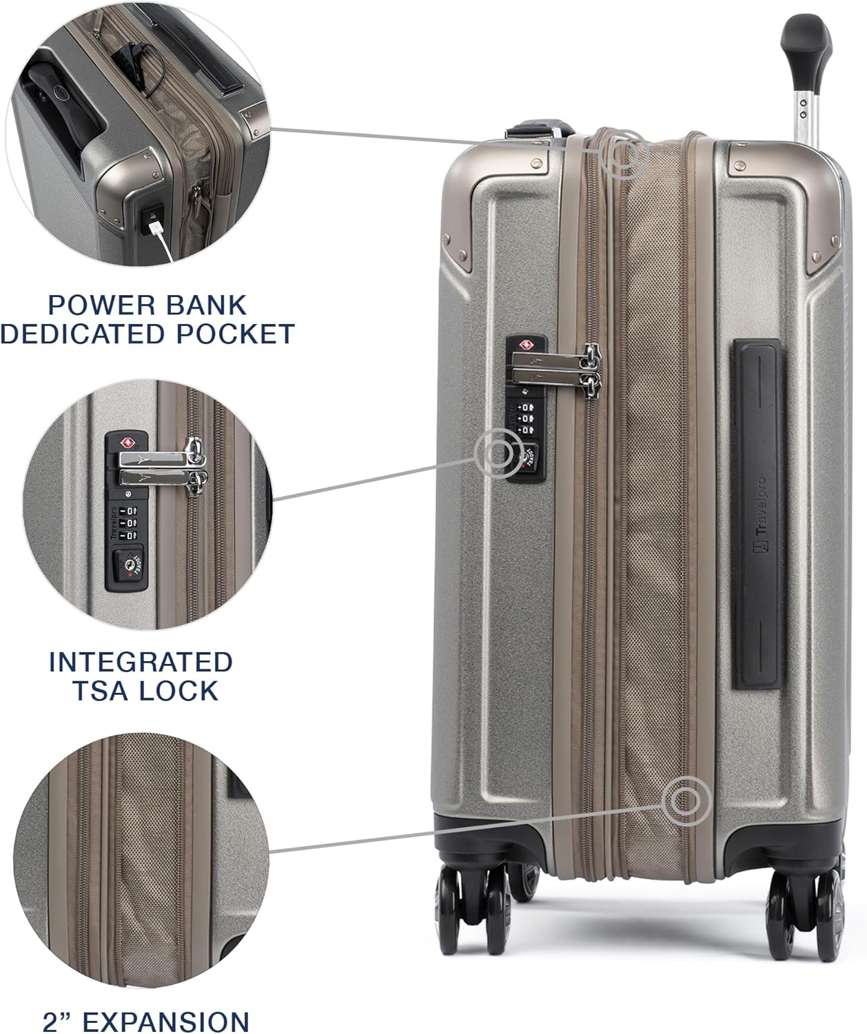 Travelpro Platinum Elite Hardside Expandable Carry on Luggage, 8 Wheel Spinner, TSA Lock, Hard Shell Polycarbonate Suitcase, Metallic Sand, Compact Carry on 20-Inch
