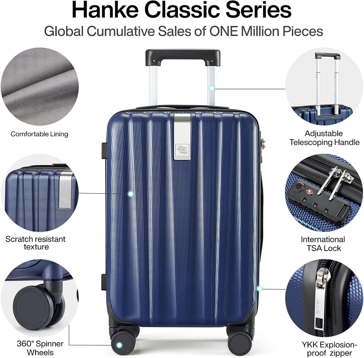 Hanke Luggage Sets 3 piece Carry On Luggage with Wheels PC Hard Shell Suitcases Lightweight Checked Travel Luggage Large Travel Suitcase Woman Men 20/24/29 Inch(Dark Blue)