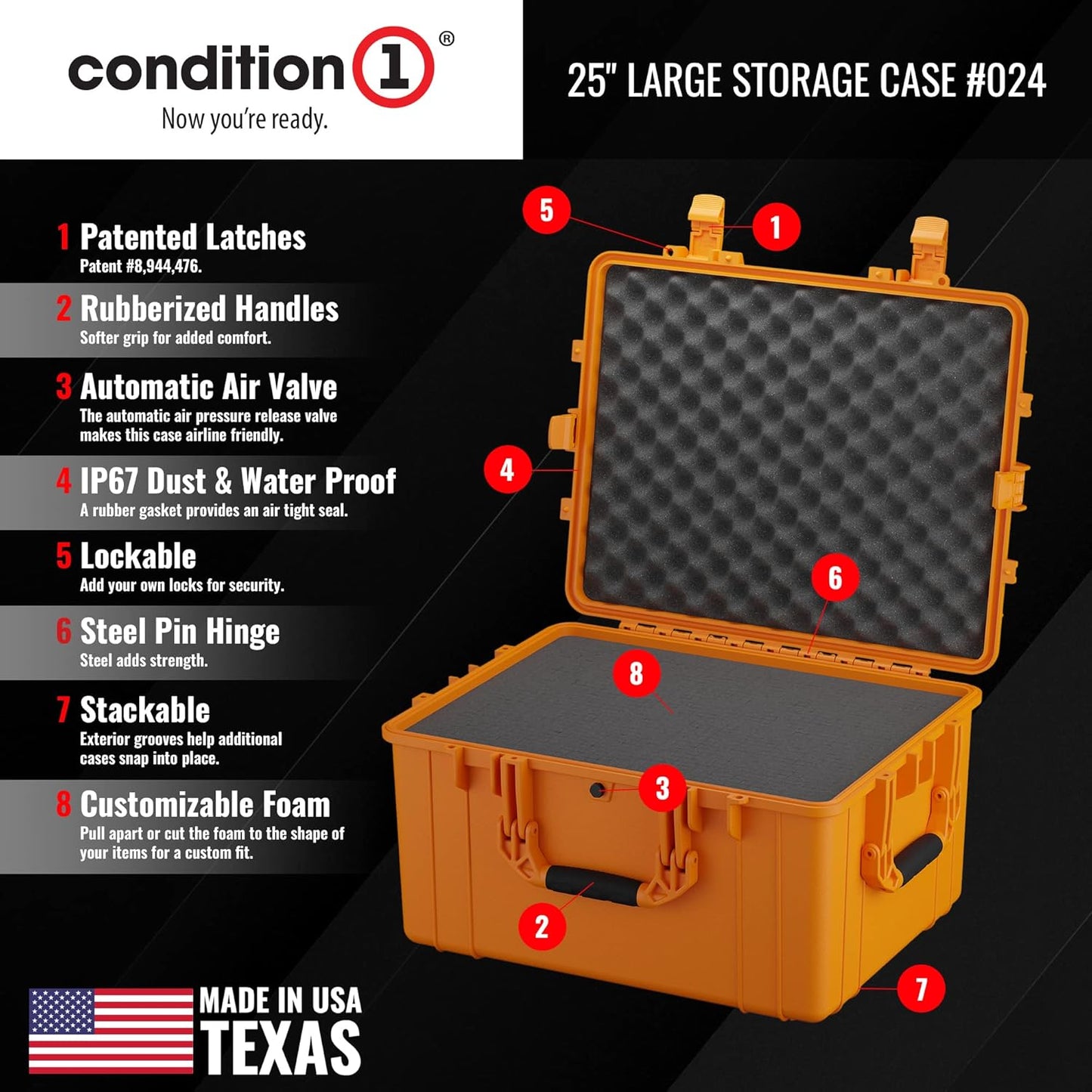 Condition 1 25" Large Heavy-Duty Protective Waterproof Hard Case, Model 024, Portable Storage Box with Customizable Foam, Camera, Tool, Hunting, Made in USA, 24.27"x19.40"x13.57" Orange