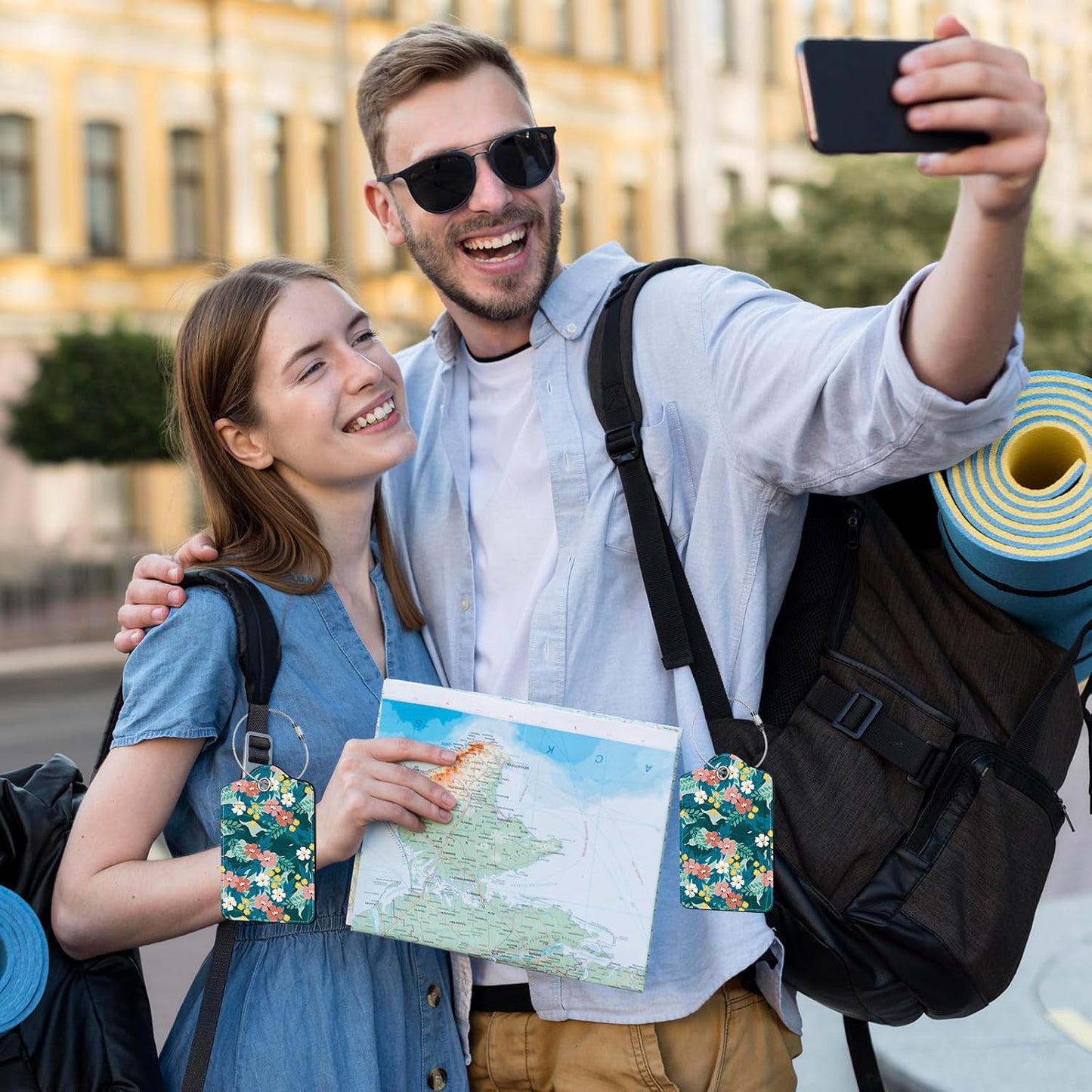 2 Pcs Floral Luggage Tag for Suitcases, Green Luggage Tags PU Leather Luggage Tag Name ID Labels with Privacy Cover Suitcases Women Fun Laggage Tags