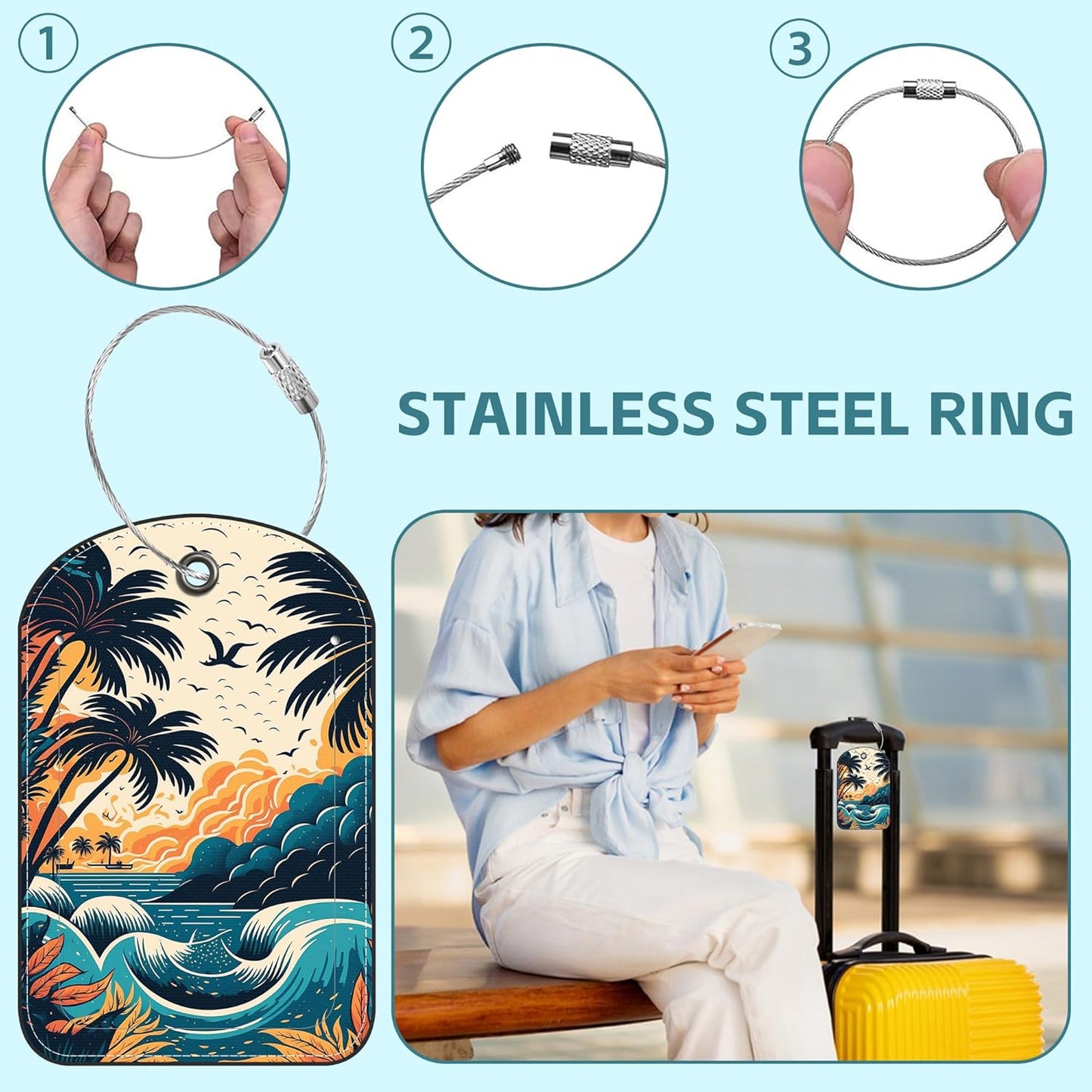 2 Pack Cute Luggage Tag for Suitcases Summer Beach Leather Luggage Tags with Stainless Steel Loop Privacy Flap Name Tags,Men and Women Travel Bag Suitcase Tags