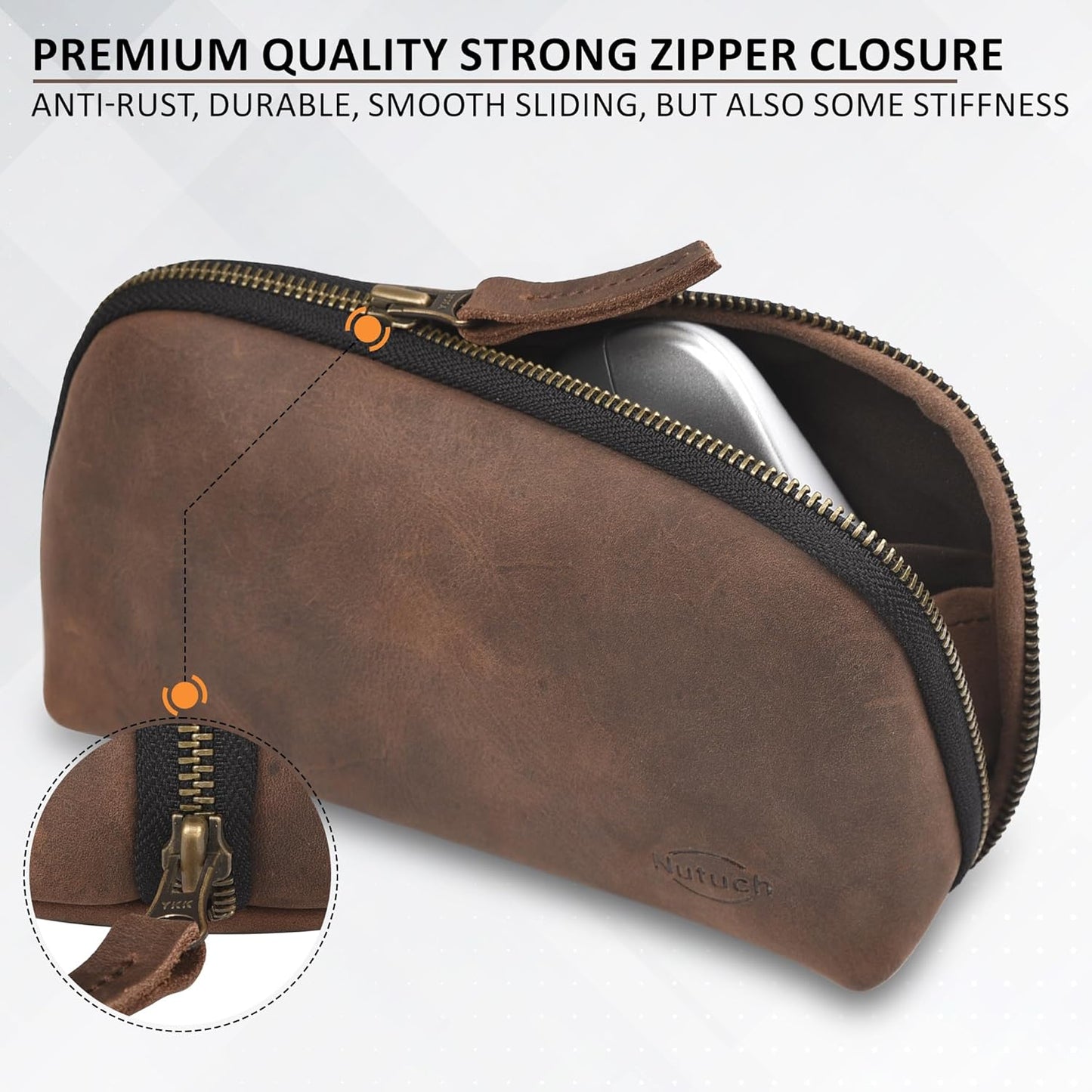 Leather Tech Pouch for Cables Chargers Phone | Tech Bag | Zipper Travel Accessory Pouch | Electronic Organizer Case Travel Bag (Vintage Dark Brown)