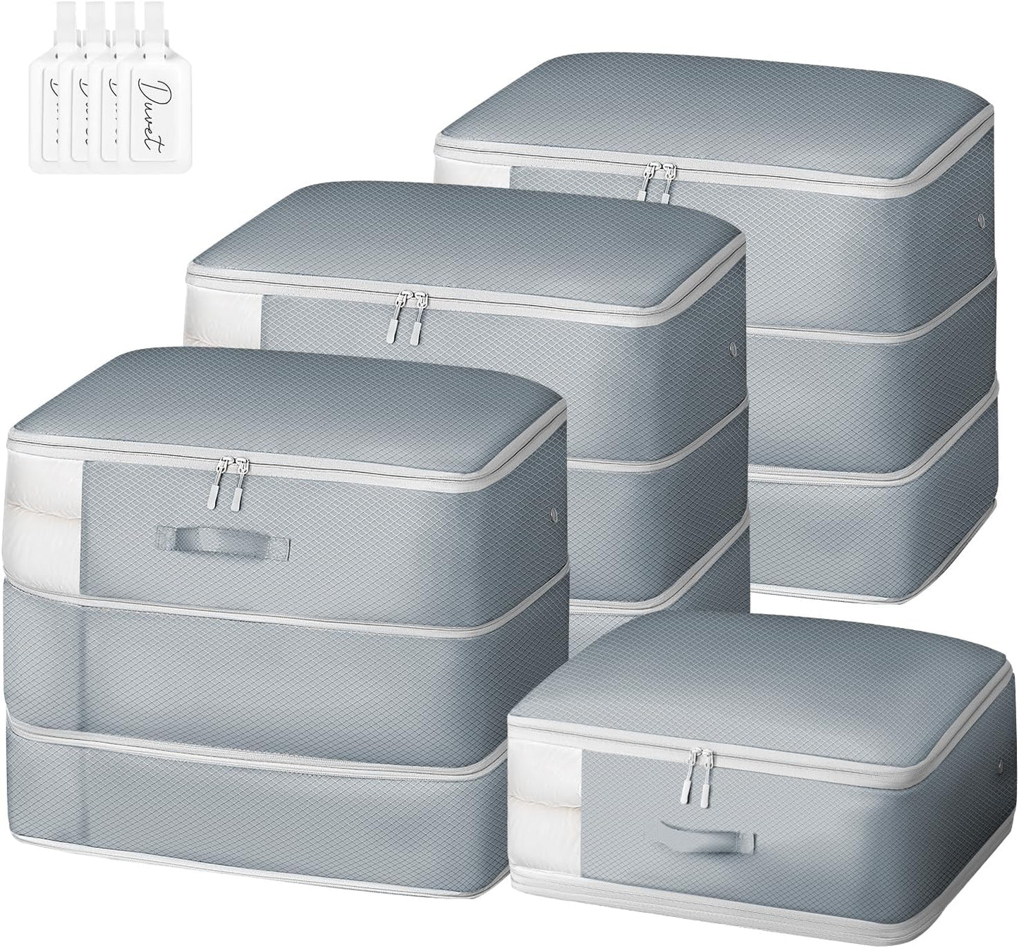 Comforter Storage Bag - Large Capacity Blanket Storage Bags 3-Layer Ultra Space Saving Self Compression Organizer, Washable Compression Bags for Storage Comforter Blanket, 4-Pack, Grey