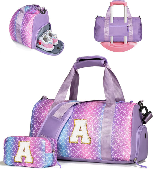 Birthday Gift for Daughter 3-12 Years Old-Girl Gym Bag with Shoe Compartment, Kid Personalized Dance Bags, Initial Travel Tote with Makeup Pouch, Gifts for Granddaughter (Letter A)