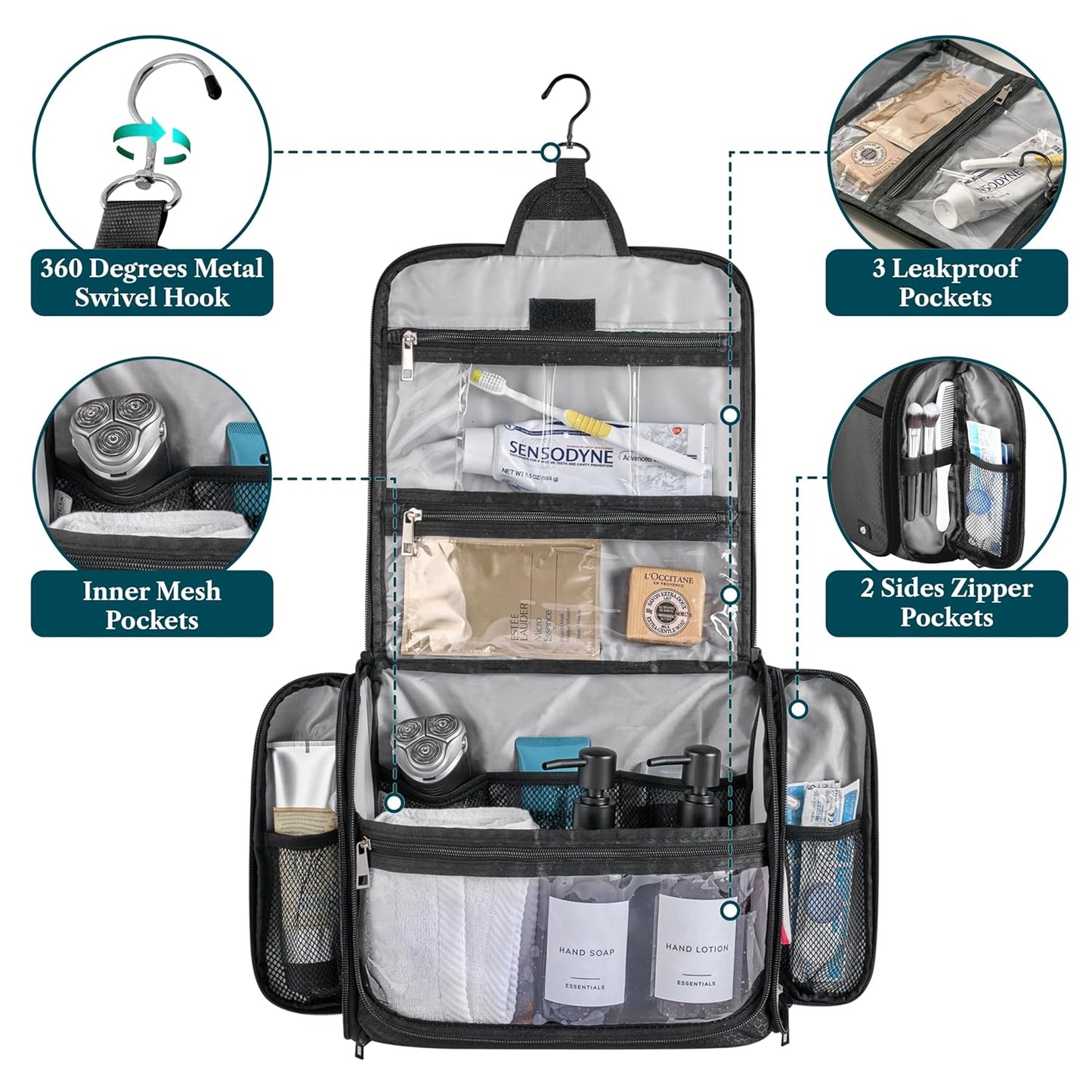 PAVILIA Large Hanging Toiletry Bag Travel Bag Women Men, Cosmetic Organizer, Water Resistant Makeup Bag Accessories Toiletries, Travel Essentials Kit, Black