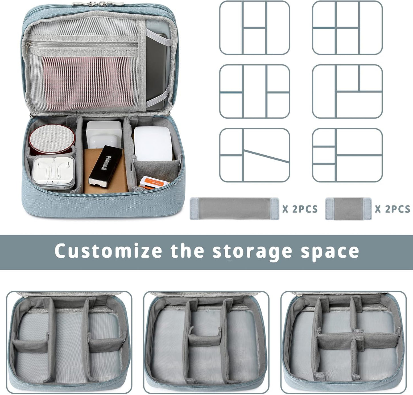 mygreen Electronics Travel Organizer, Watreproof Electronic Accessories Case Portable Double Layer Cable Storage Bag for Cord, Charger, Flash Drive, Phone, Ipad Mini, SD Card, Gifts for Him Grey Blue