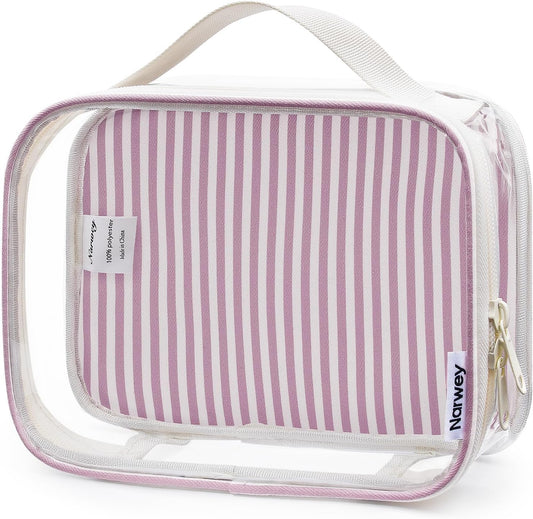 Narwey TSA Approved Clear Toiletry Bag for Travel, Waterproof PVC Clear Makeup Bags, Portable Compact Cosmetic Bag Make Up Organizer, Airport Airline Quart Size Compliant Bag (Dusty Pink Stripe)