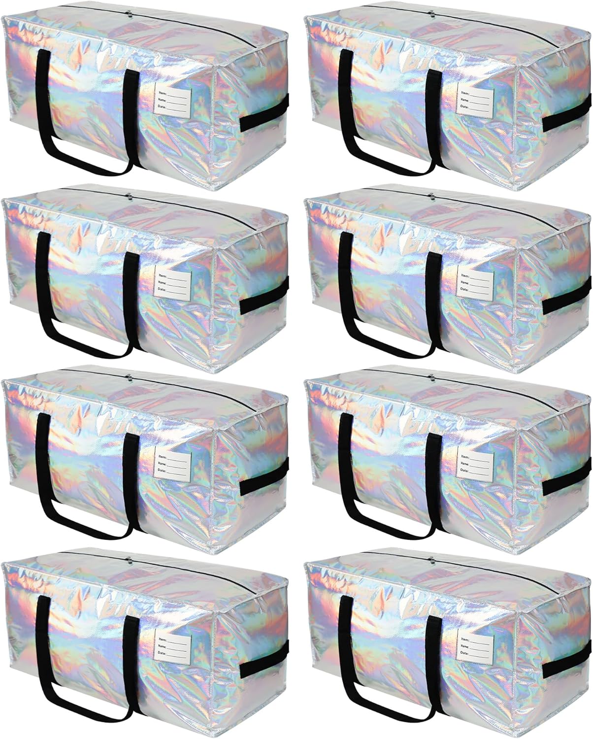 8 Pack Heavy Duty Moving Bags 24-Gallon Extra Large Waterproof Foldable Clothing Storage Totes Bags with Zipper,Reinforced Handles,Packing Moving Boxes for Dorm & Seasonal Storage,Iridescent