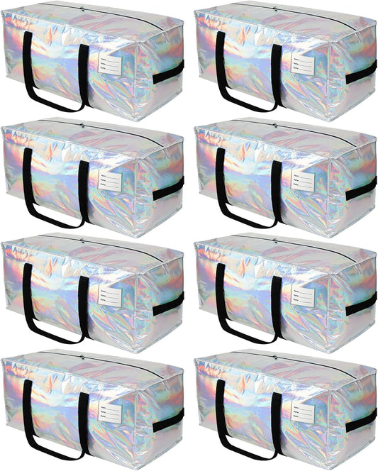 8 Pack Heavy Duty Moving Bags 24-Gallon Extra Large Waterproof Foldable Clothing Storage Totes Bags with Zipper,Reinforced Handles,Packing Moving Boxes for Dorm & Seasonal Storage,Iridescent