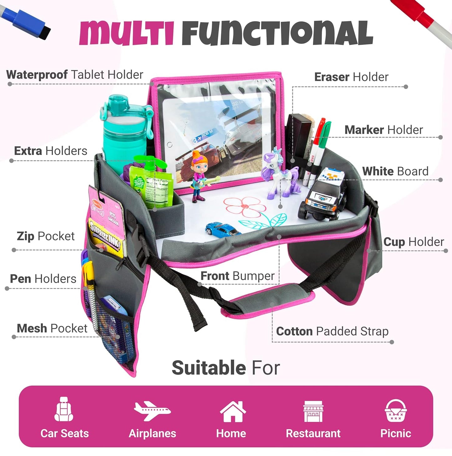 Kids Travel Tray with Dry Erase Board - Car Seat Tray for Kids Travel, Carseat Table Top for Toddler, Lap Desk for Car Seat, Activity Organizer & Snack Holder, Road Trip Essentials for Kid (Pink)