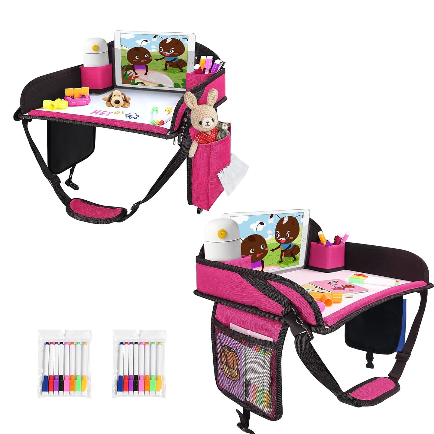 2Pcs ‎Kids Travel Tray, Kids Travel Trays for Car Seat, Road Trip Essentials for Toddler, Carseat Lap Tray with Dry Erase Board & Storage Organizer for Road Trip Activities for Kid, Pink