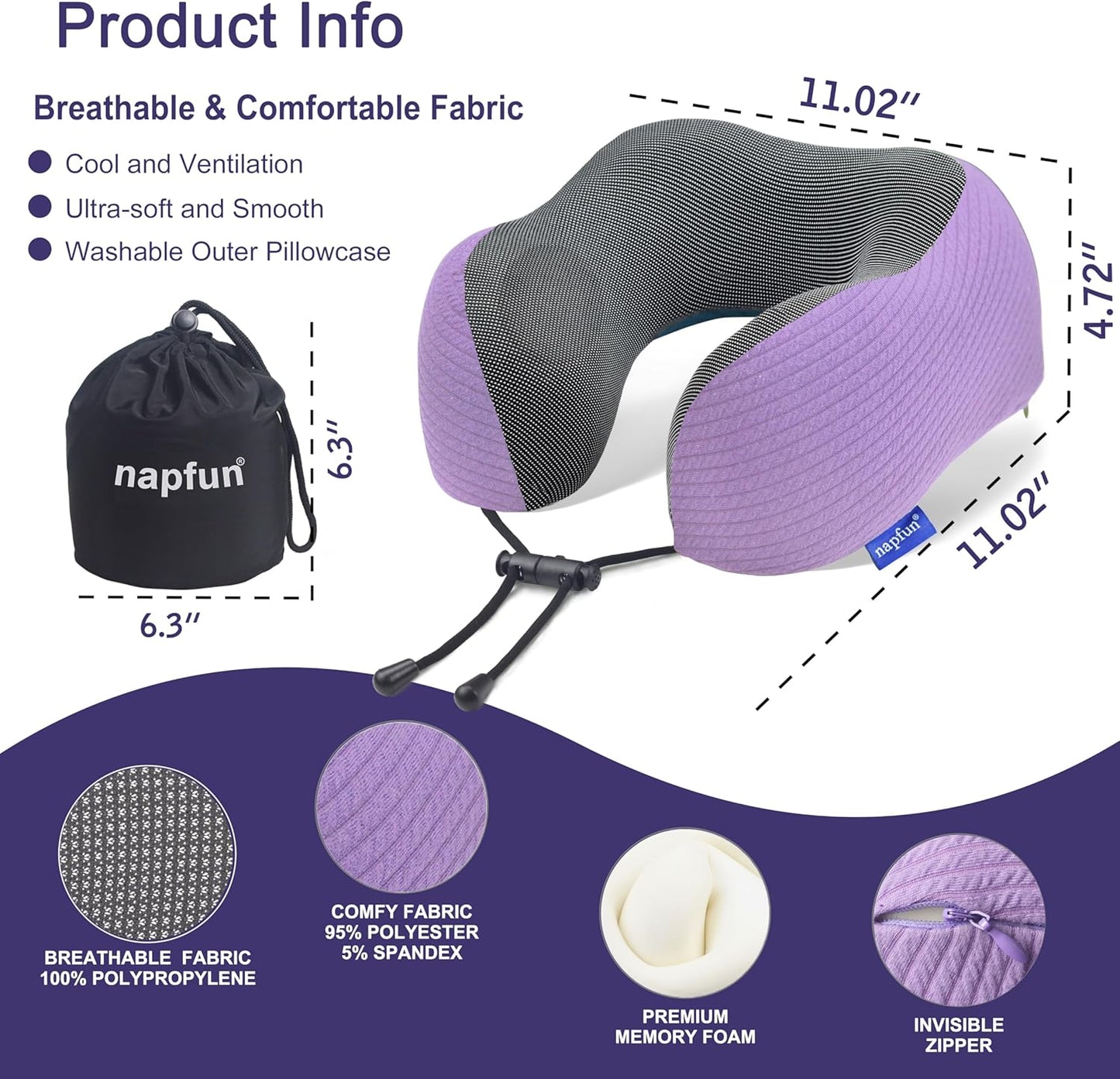 napfun Neck Pillow for Traveling, Upgraded Travel Neck Pillow for Airplane 100% Pure Memory Foam Travel Pillow for Flight Headrest Sleep, Portable Plane Accessories, Striped Light Purple Set