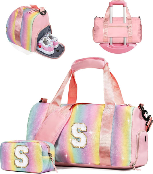 Preppy Gifts-Girl Gym Bag with Shoe Compartment, Kid Personalized Weekender Overnight Bags, Initial Travel Tote with Makeup Pouch, Gift for 3 4 5 6 7 8 9 10 11 12 Year Old Girls (Letter S)