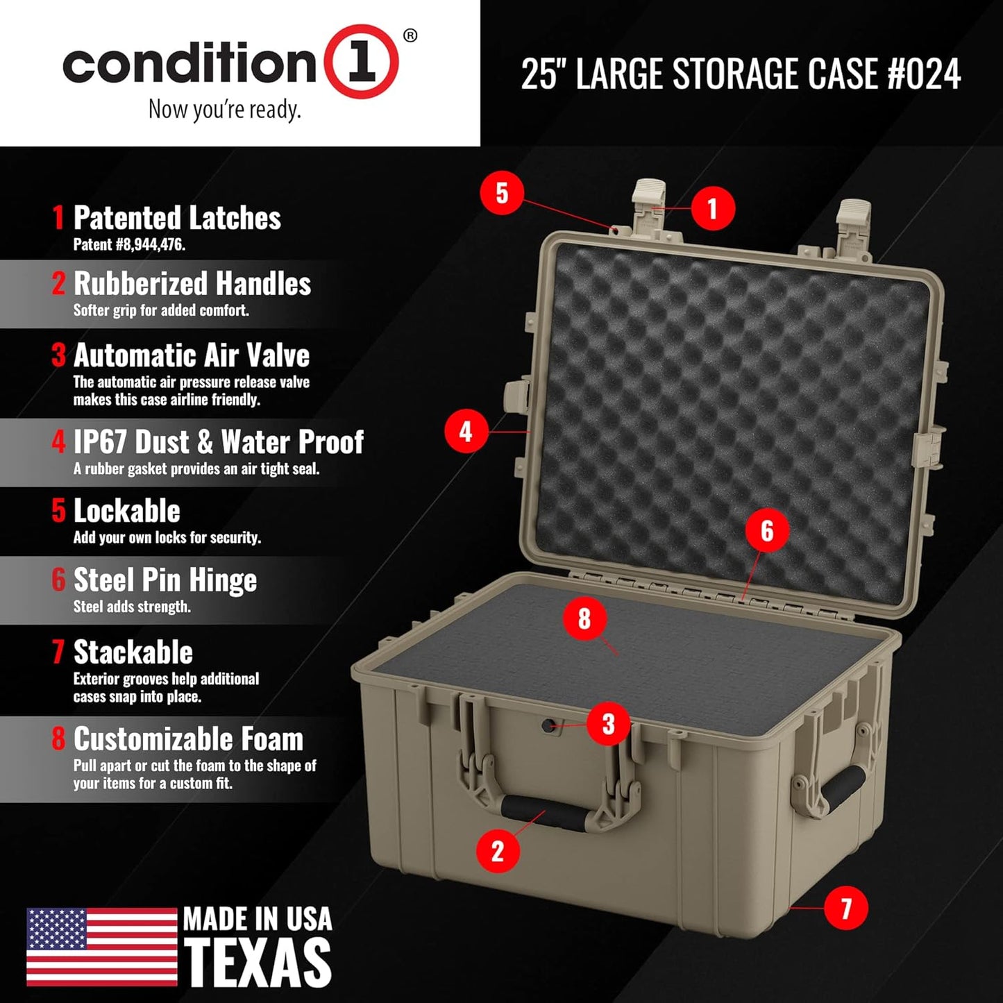 Condition 1 25" Large Heavy-Duty Protective Waterproof Hard, Case Model 024, Portable Storage Box with Customizable Foam, Camera, Tool, Hunting, Made in USA, 24.27"x19.40"x13.57" Tan