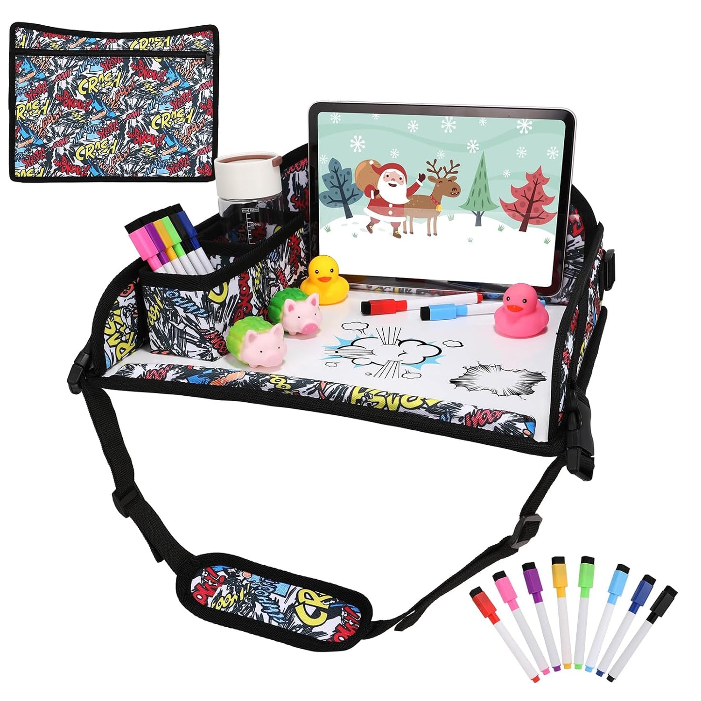 Kids Travel Tray for Airplane - Toddler Car Seat Table Tray, Road Trip Essentials for Boys & Girls, Carseat Lap Desk for Kids Road Trip Activities, Graffiti