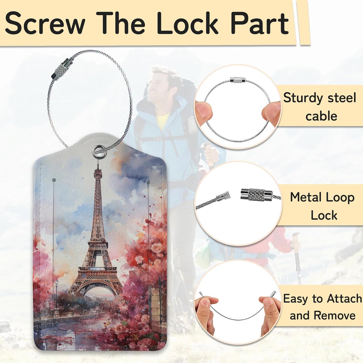 3 Pack Eiffel Tower Luggage Tags for Suitcases, Paris Cute Leather Name Tag with Privacy Cover with Stainless Steel Loops, Travel ID Bag Tags for Women Men