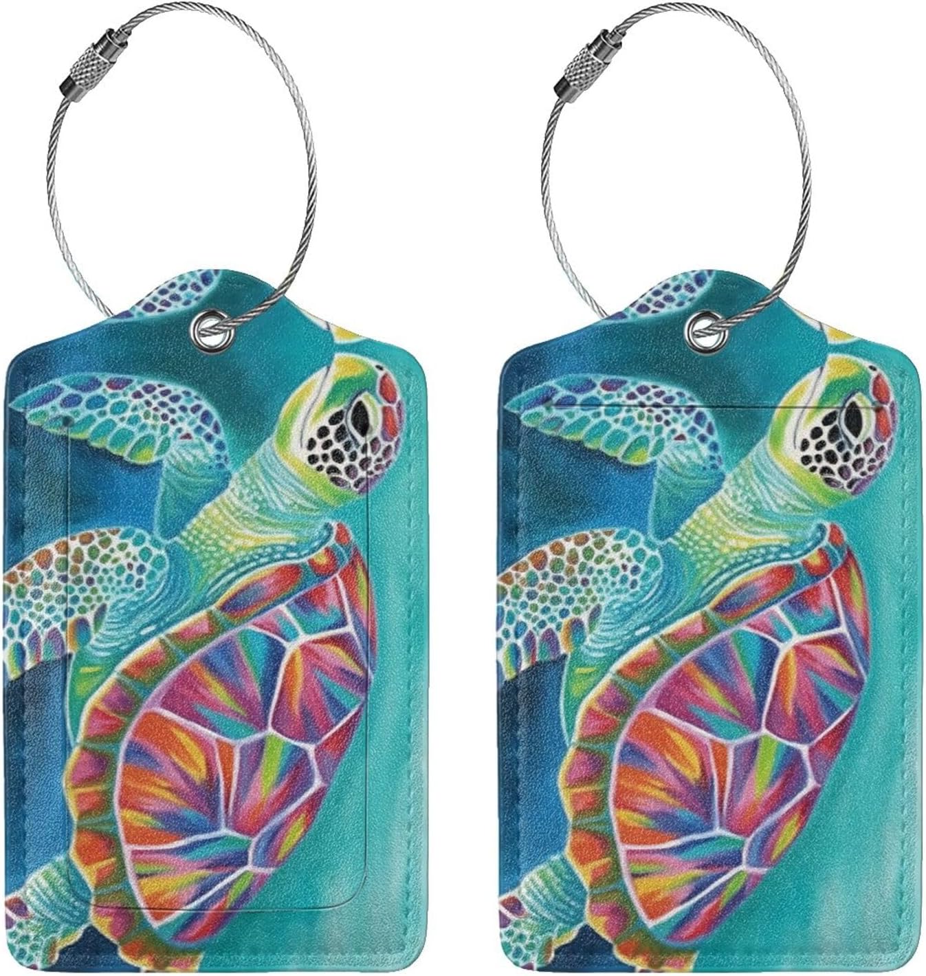 Sea Turtle Leather Luggage Tag with Stainless Steel Ring, Fun Name Id Card Cover Travel Bag Tag Set, Suitable for Travel Bag Luggage Women Men 2 PCS