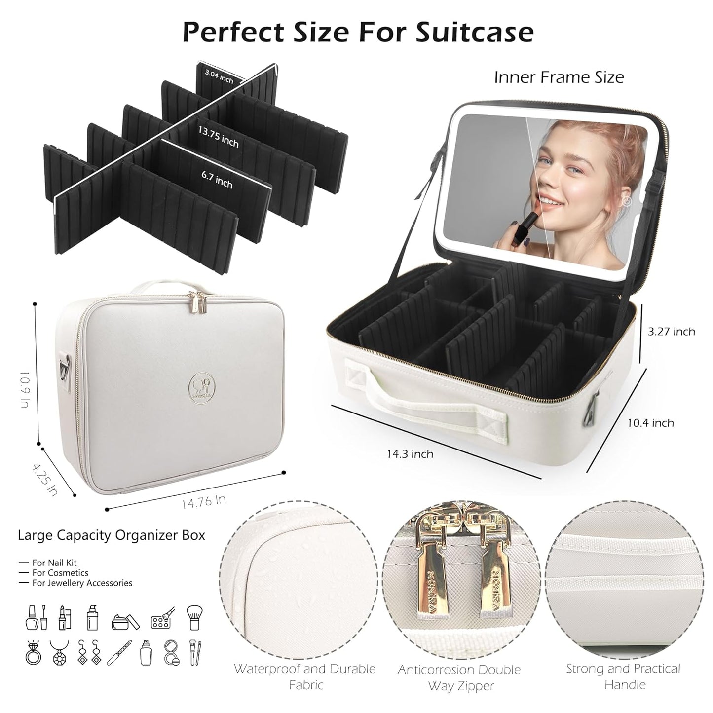 MOMIRA Travel Makeup Bag Cosmetic Bag Makeup Organizer Bag with Lighted Mirror, Adjustable Brightness in 3 Color Scenarios, Waterproof Makeup Train Case, Gift for Women - Khaki (Large)