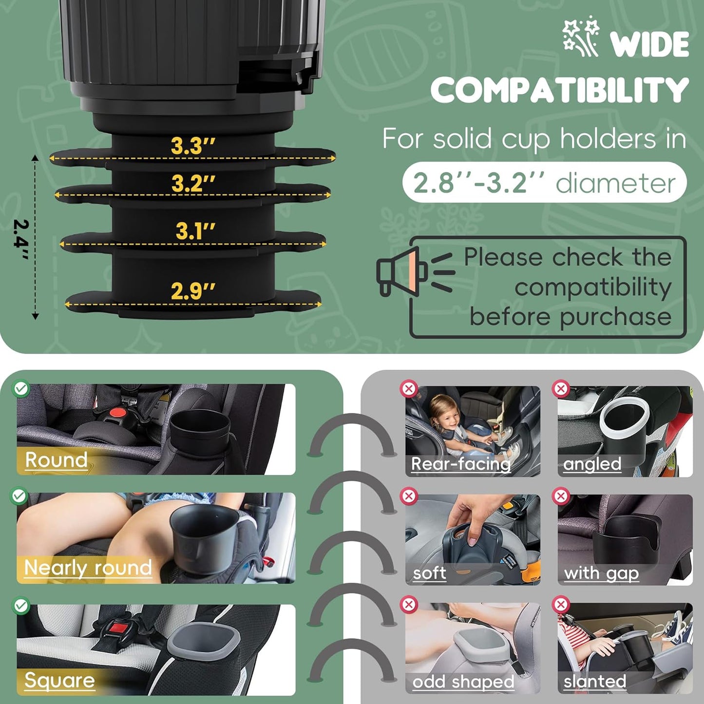 Upgraded Car Seat Tray for Kids Car Seat Tray with Expandable Base for Snacks, Toys, Books, Entertainment Kids Travel Essentials Fits 2.8''-3.2'' Cup Holders (1, Standard Base)