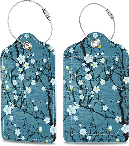 Luggage Tags for Suitcase Japanese Cherry Blossom 2 PCS Leather Travel Cruise Luggage Tag with Stainless Steel Loop Name ID Label Privacy Cover for Women Men Travel Bag Labels Set