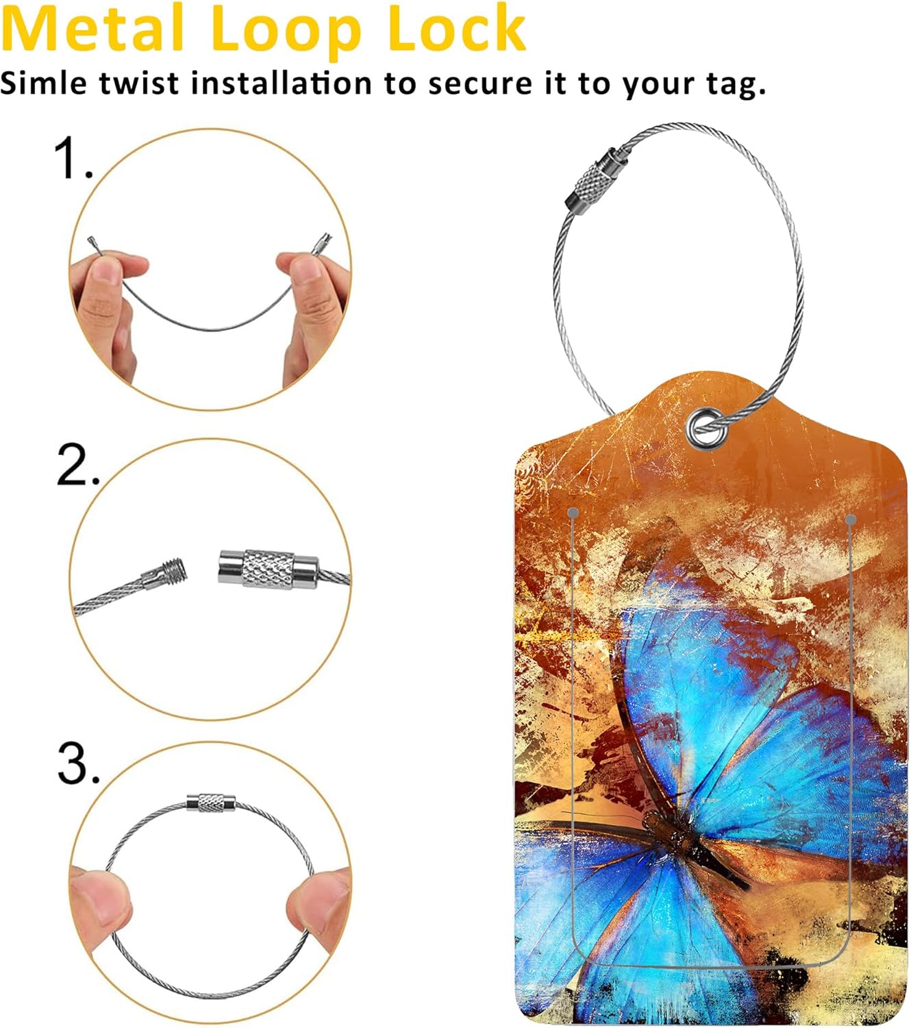 2 Pack Luggage Tags for Suitcases,Blue Butterfly Luggage Tag,PU Leather Id Label Luggage Tags with Stainless Steel Loop and Privacy Cover for Women Men Teens Travel