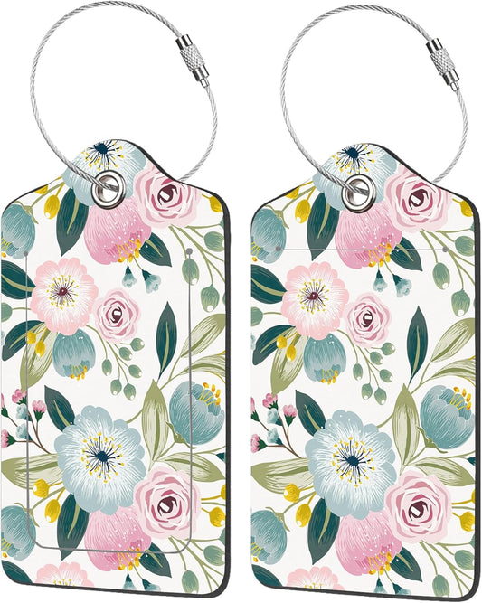 2 Pack Luggage Tag for Suitcase,Lovely Floral PU Leather Suitcase Tags Identifiers with Privacy Name Address Labels and Durable Steel Loop for Women Men Travel