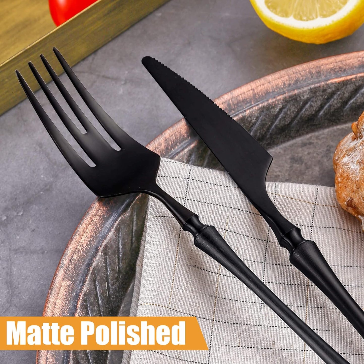 24-Piece Black Silverware Set for 6,Modern 18/10 Stainless Steel Flatware Set,Unique Rustic Cutlery Utensils Set,Spoon and Fork Set for Home, Restaurant,Wedding,Mirror Polished,Dishwasher Safe