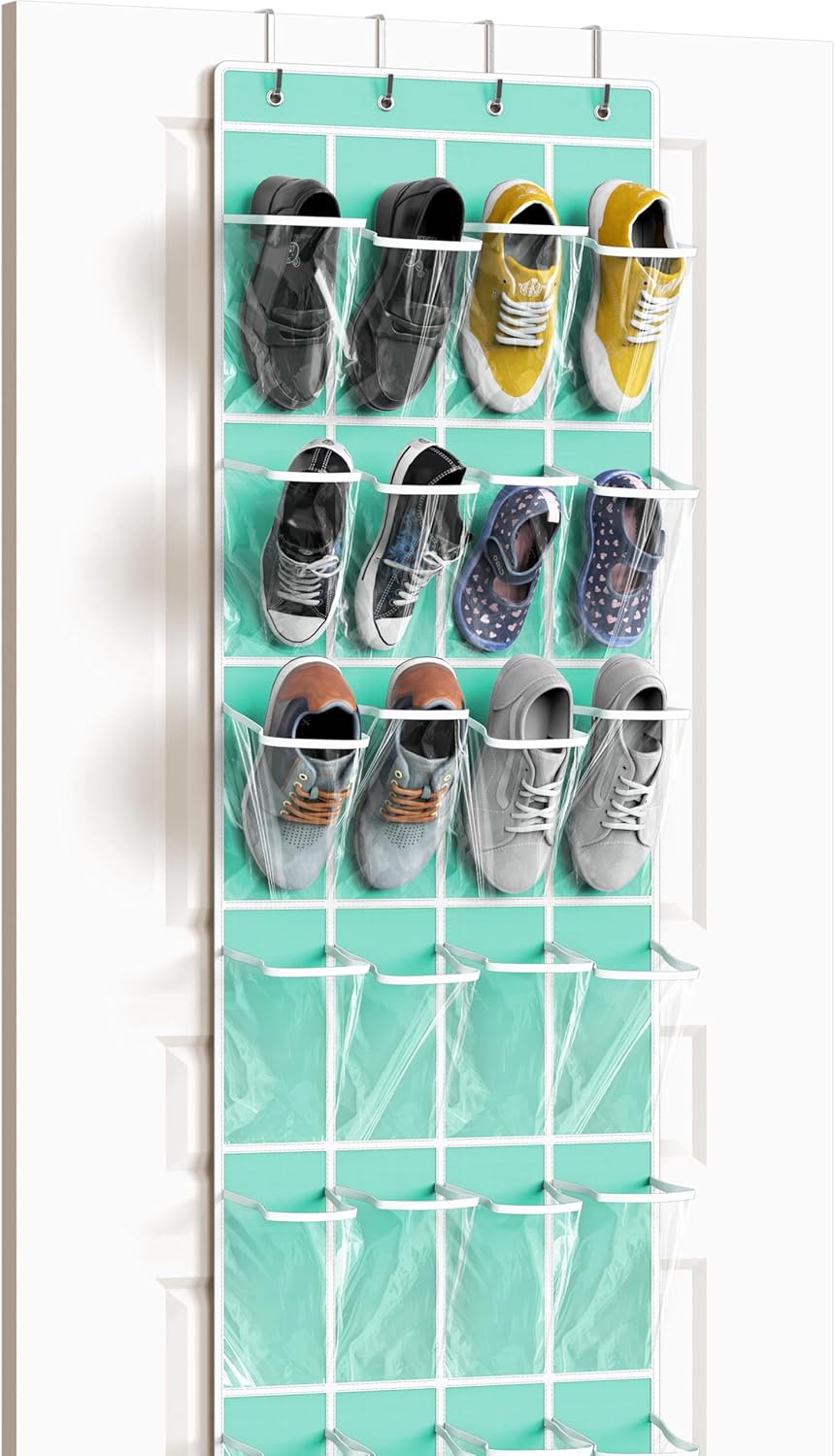 Simple Houseware 24 Pockets - Crystal Clear Over The Door Hanging Shoe Organizer, Turquoise (64'' x 19'')