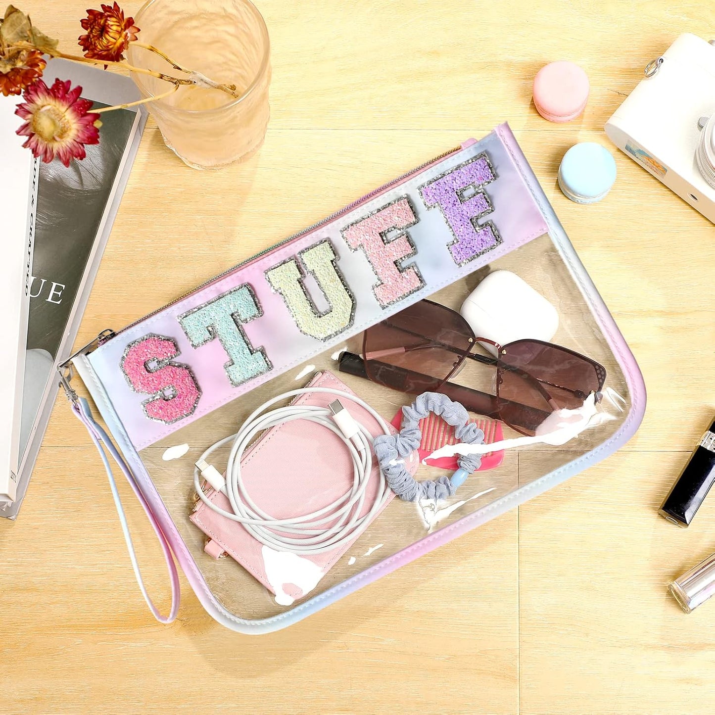 DYSHAYEN Chenille Letter Clear Zipper Pouch for Travel,Nylon Clear Cosmetic Bag,Makeup Travel Bag for Women Girls 11.8 Inches x 8.2 Inches