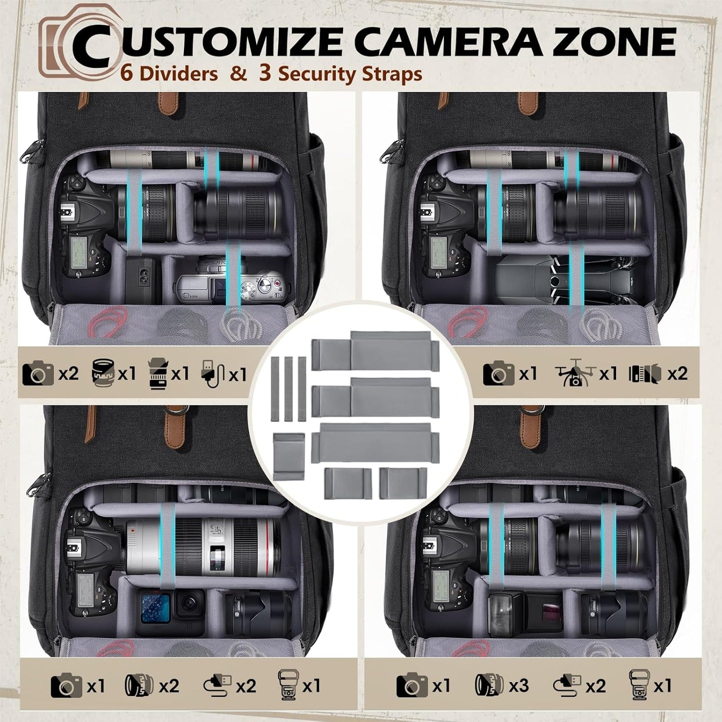 RAINSMORE Camera Bag Backpack for DSLR/SLR Mirrorless 15.6 Inch Laptop Camera Back Pack for Photographers Anti-Theft Photography Bags Case with Tripod Holder & Rain Cover, Black