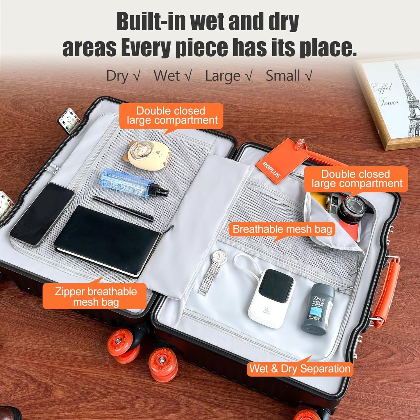 Aluminium Frame Carry on Luggage with Smooth Jelly Wheels, Hardside Zipperless Rolling Suitcase with TSA Lock (BlackOrange, 21-Inch)