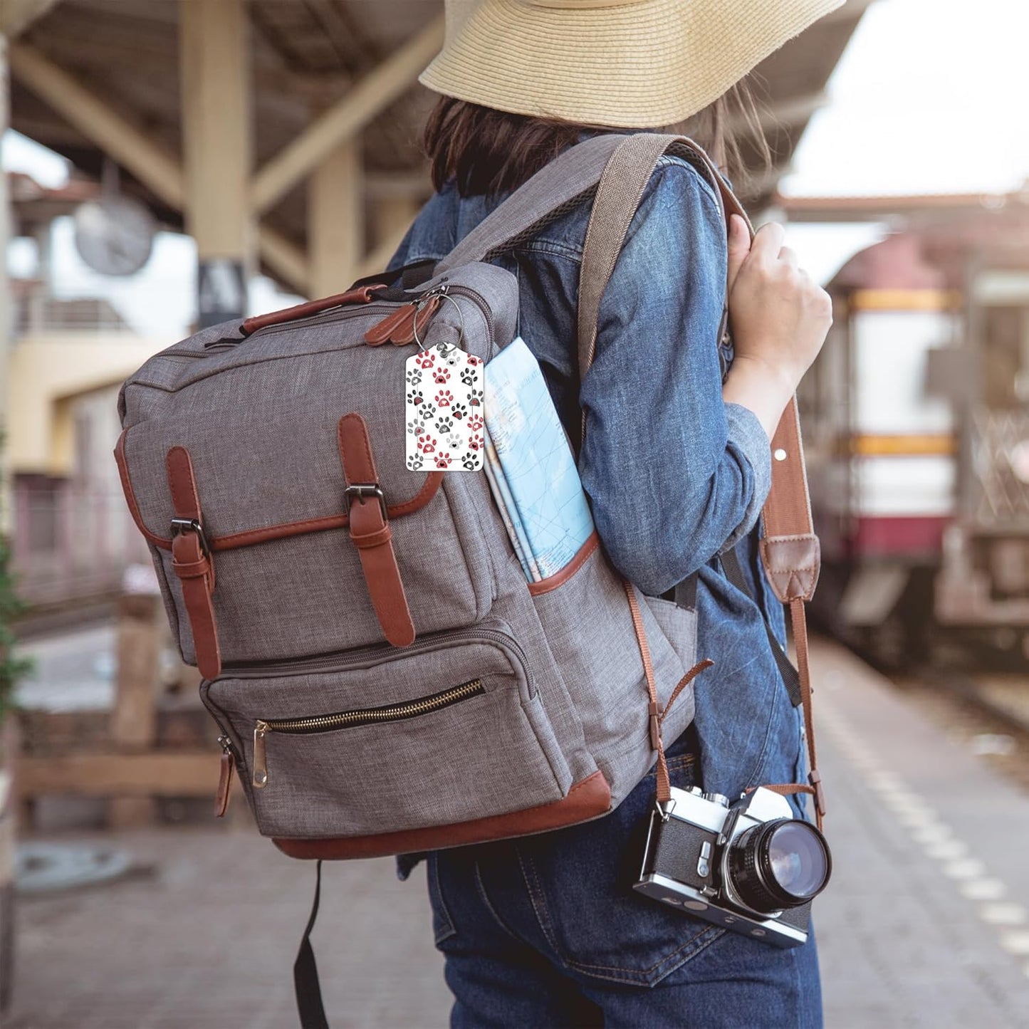 2 Pack Paw Pattern Luggage Tags for Suitcases,Paw Print Leather Baggage Suitcases Tag Name ID Label Privacy Cover Travel Bag Tags for Women Men Boys Girls