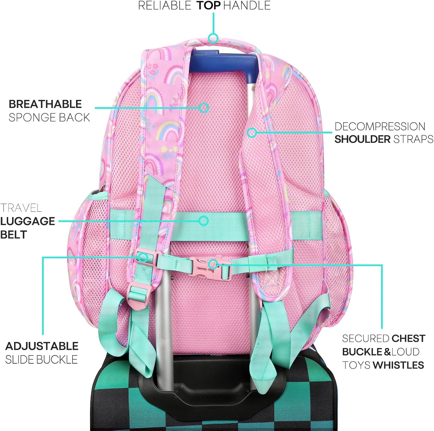 mibasies Girls Backpack: Large Kids Backpack Girls for Elementary School with Laptop Compartment - Rainbow Pink