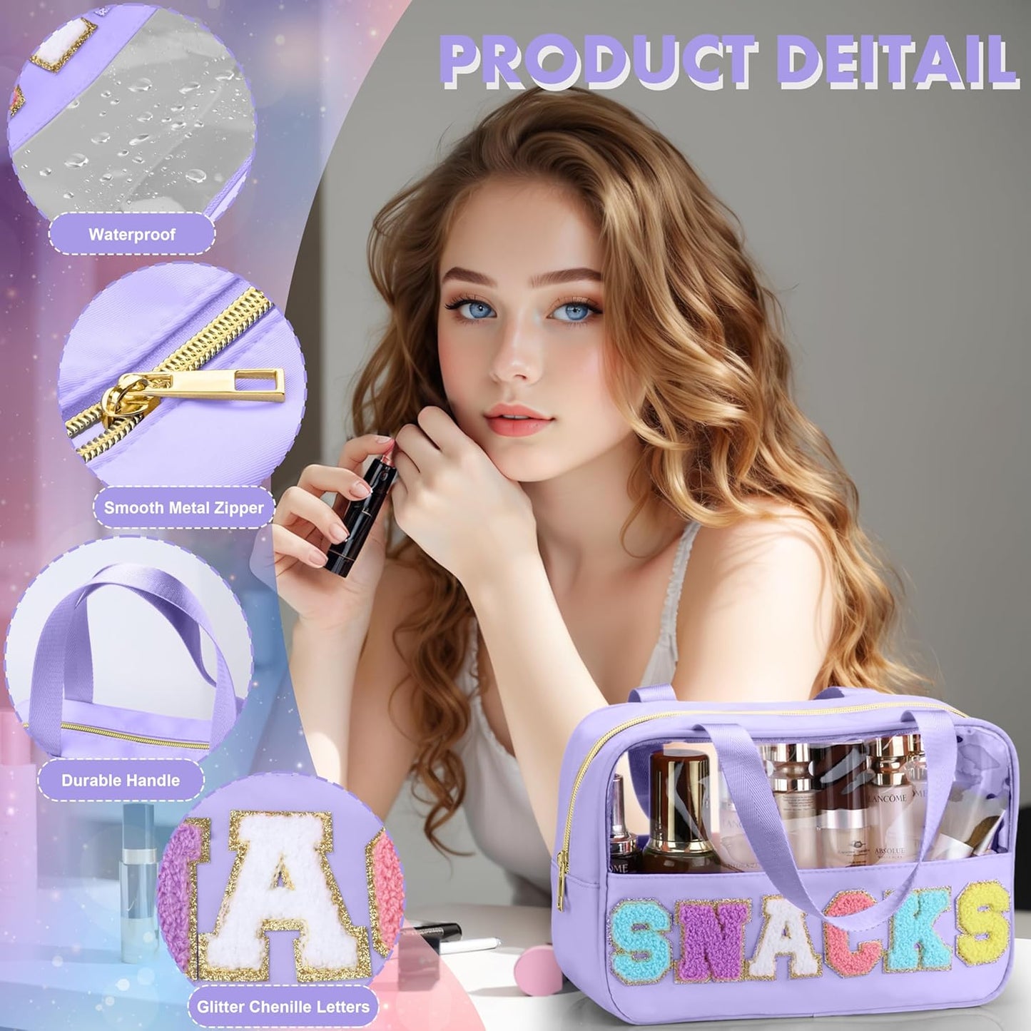 Snack Bag for Travel - Chenille Letter Clear Makeup Bag, Large Preppy Patch Snack Cosmetic Bag with Handle and Zipper, Cute Makeup Pouch Nylon&PVC Waterproof Toiletry Organizer Storage for Women Girls