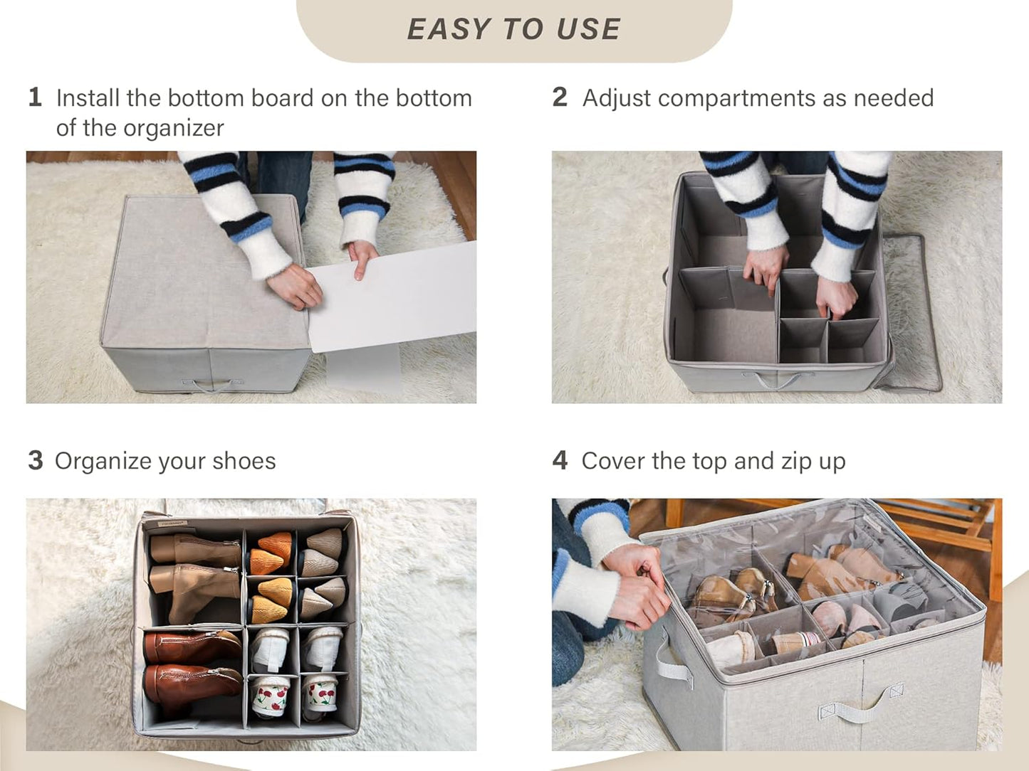 StorageWorks Shoe Organizer for Closet, Fits up to 16 Pairs, Shoe Cubby Storage Containers with Adjustable Dividers and Clear Cover, Black