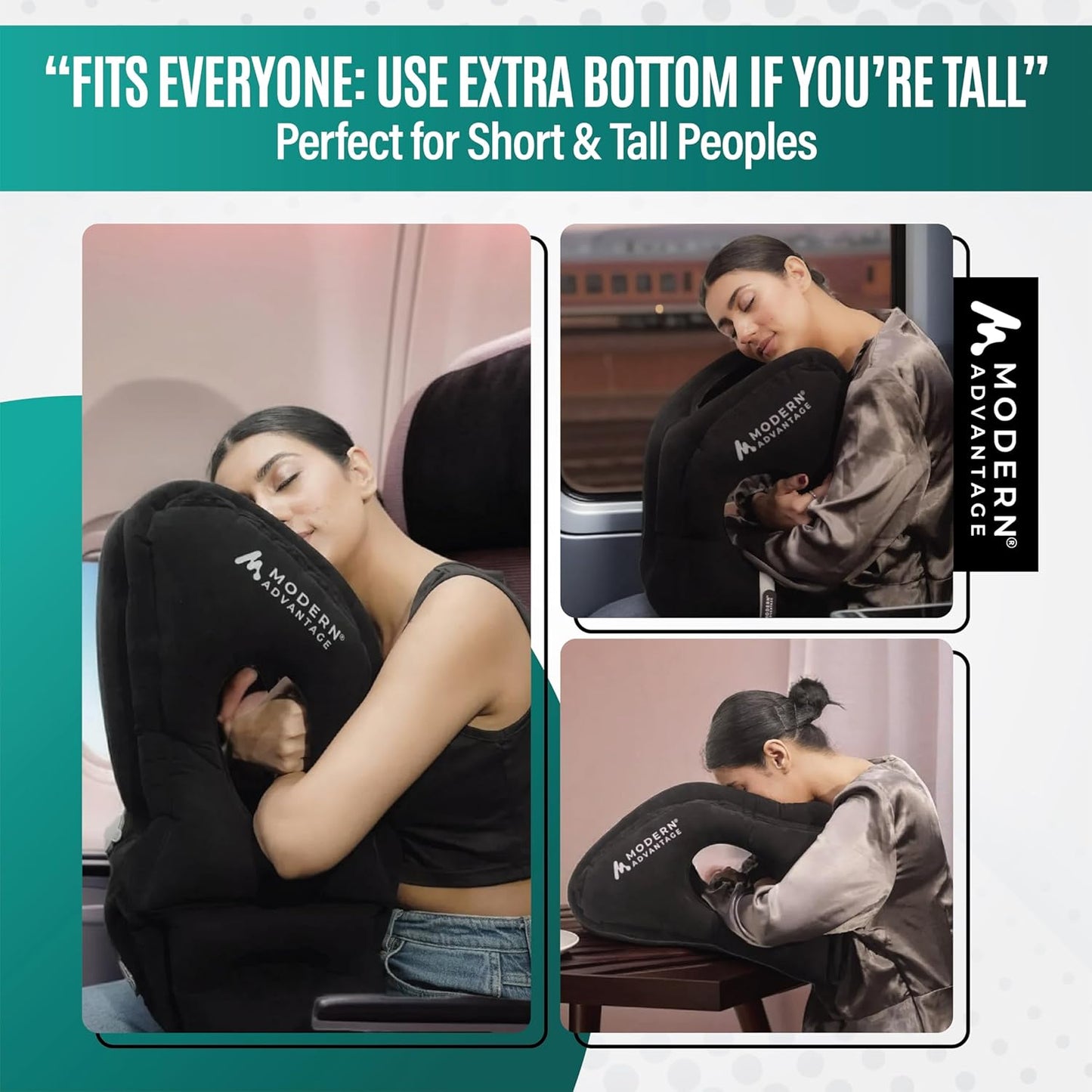 Modern Advantage Inflatable Travel Pillow for Airplanes with Adjustable Extra Bottom, Support Head & Chin to Avoid Neck & Shoulder Pain, for Travelling, Office Napping with Eye Mask & Earplug