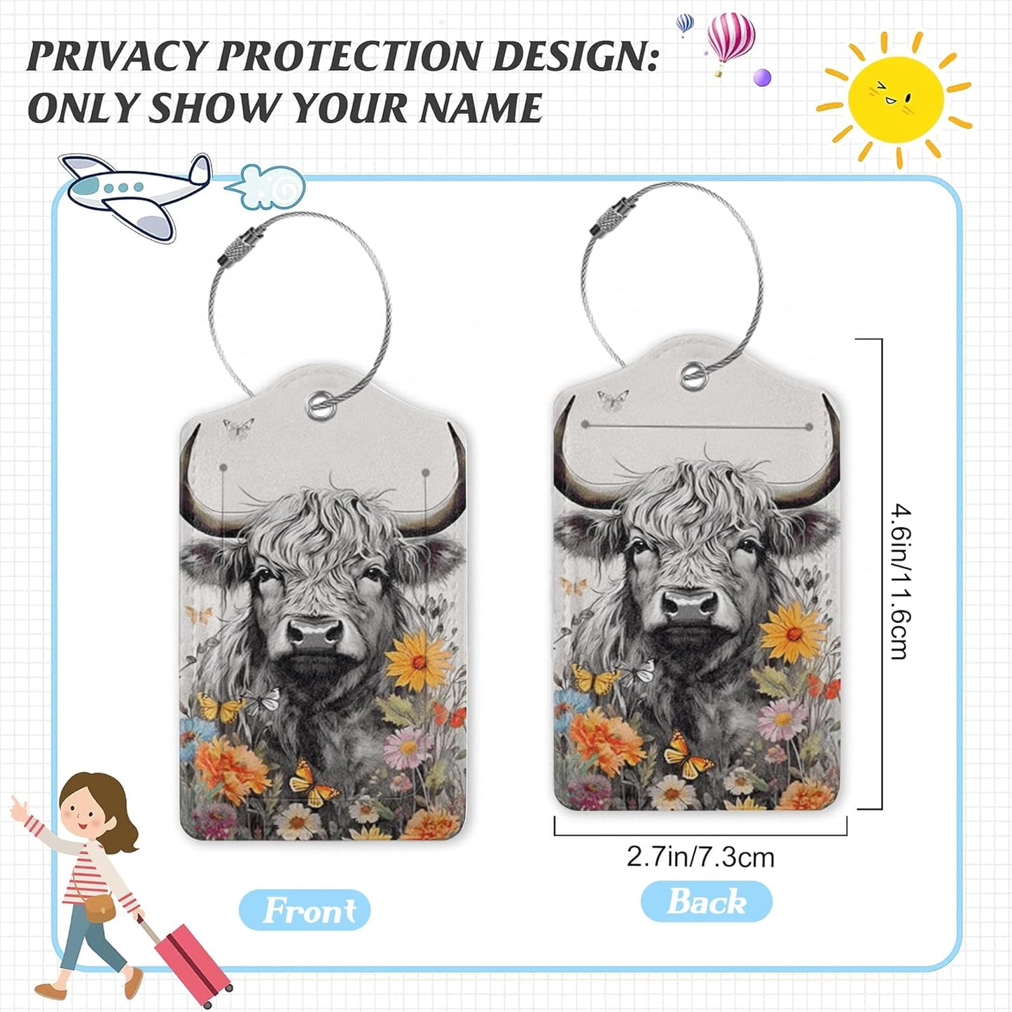 3 Pack Luggage Tag for Suitcase,Highland Cow Leather Luggage Tags with Privacy Cover Name ID Label Identifiers Travel Bag Tags for Women Men Boys Girls