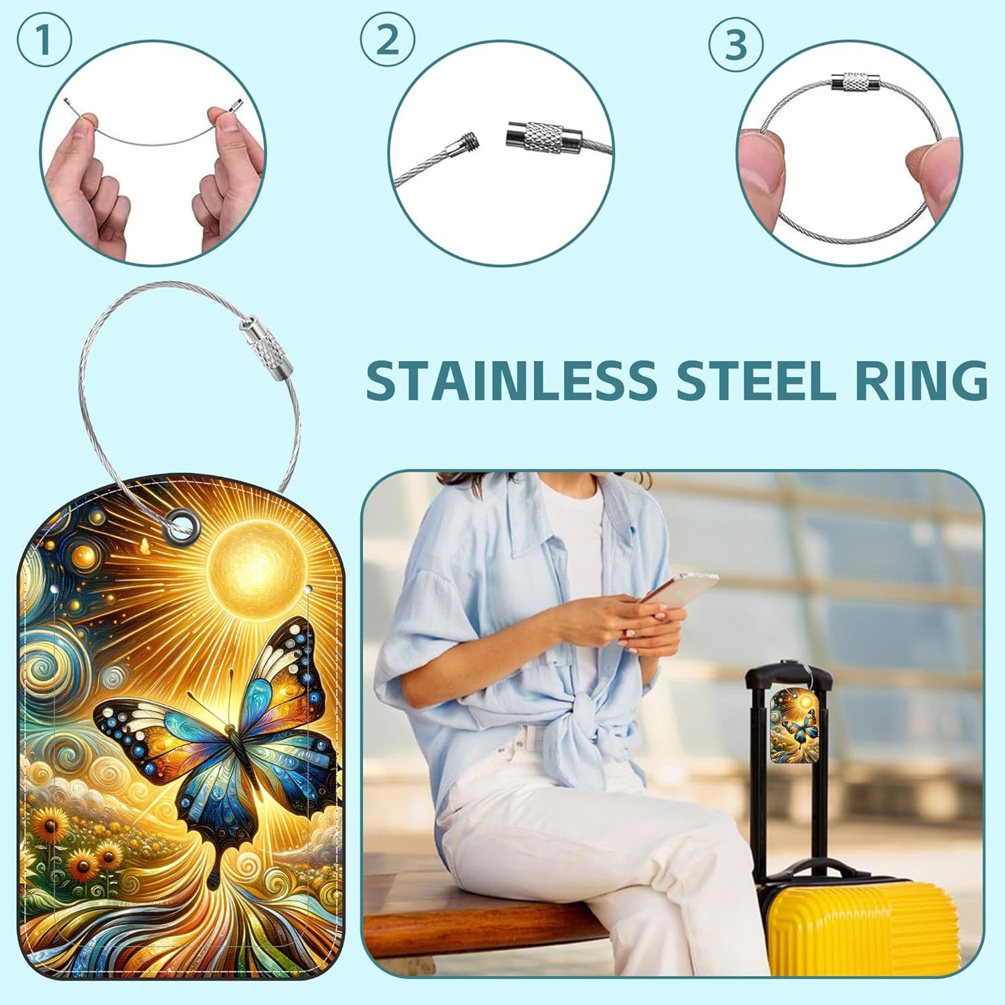 2 Pack Cute Luggage Tag for Suitcases Colorful Butterfly Leather Luggage Tags with Stainless Steel Loop Privacy Flap Name Tags,Men and Women Travel Bag Suitcase Tags