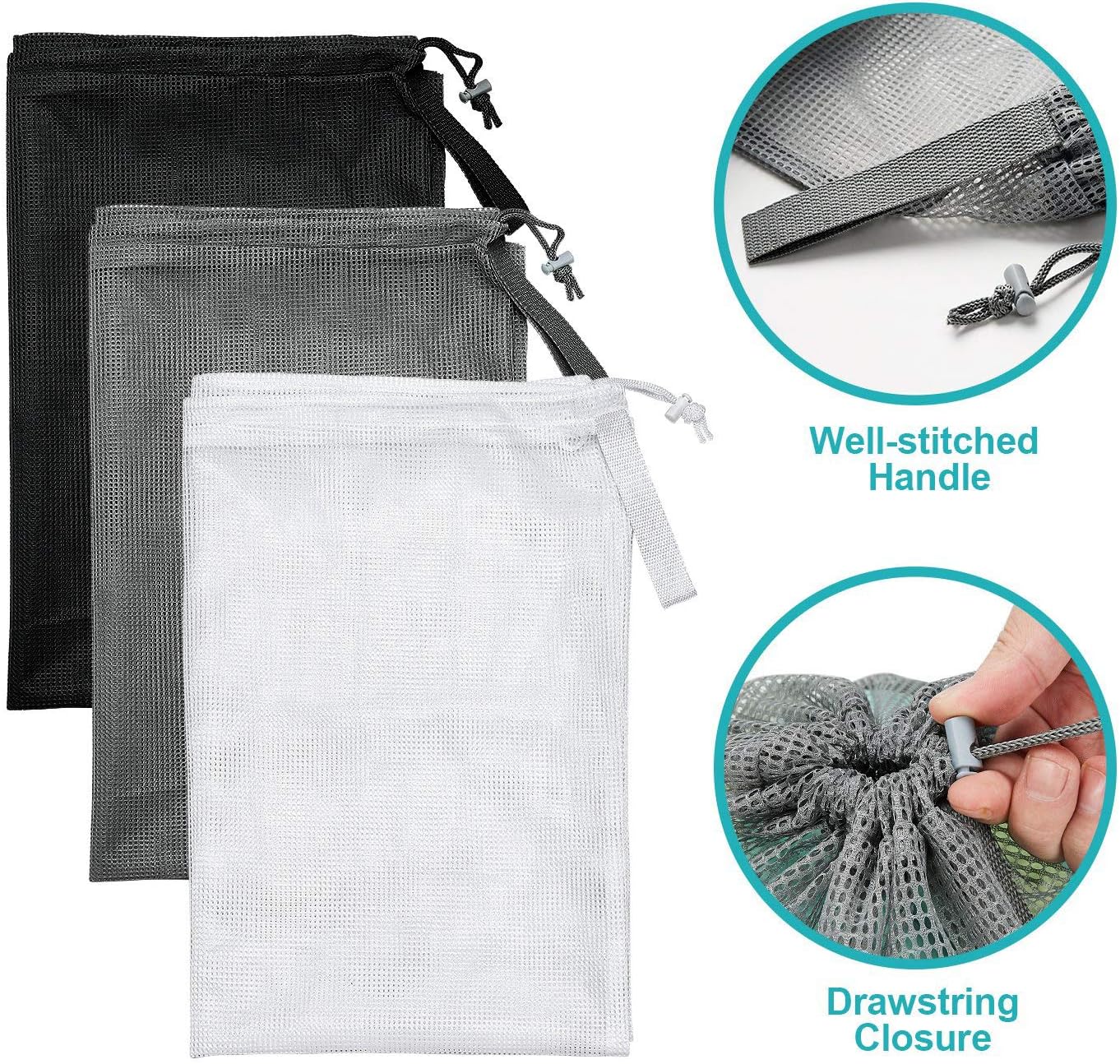 Laundry Bags, Mesh Heavy Duty 24" x 36" with Drawstring Closure, 3-Pack, Black