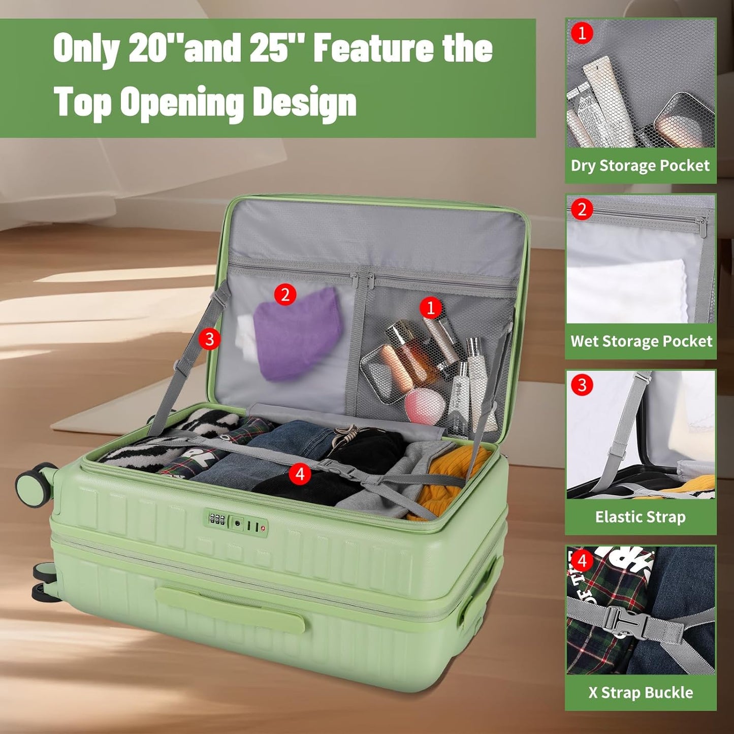 3-Piece 20/24 Top Opening Hardshell Lightweight Luggage and 28-Inch Clamshell Opening Travel Suitcase with Spinner Wheels & TSA Locks, Avocado Green 20in/24in/28in