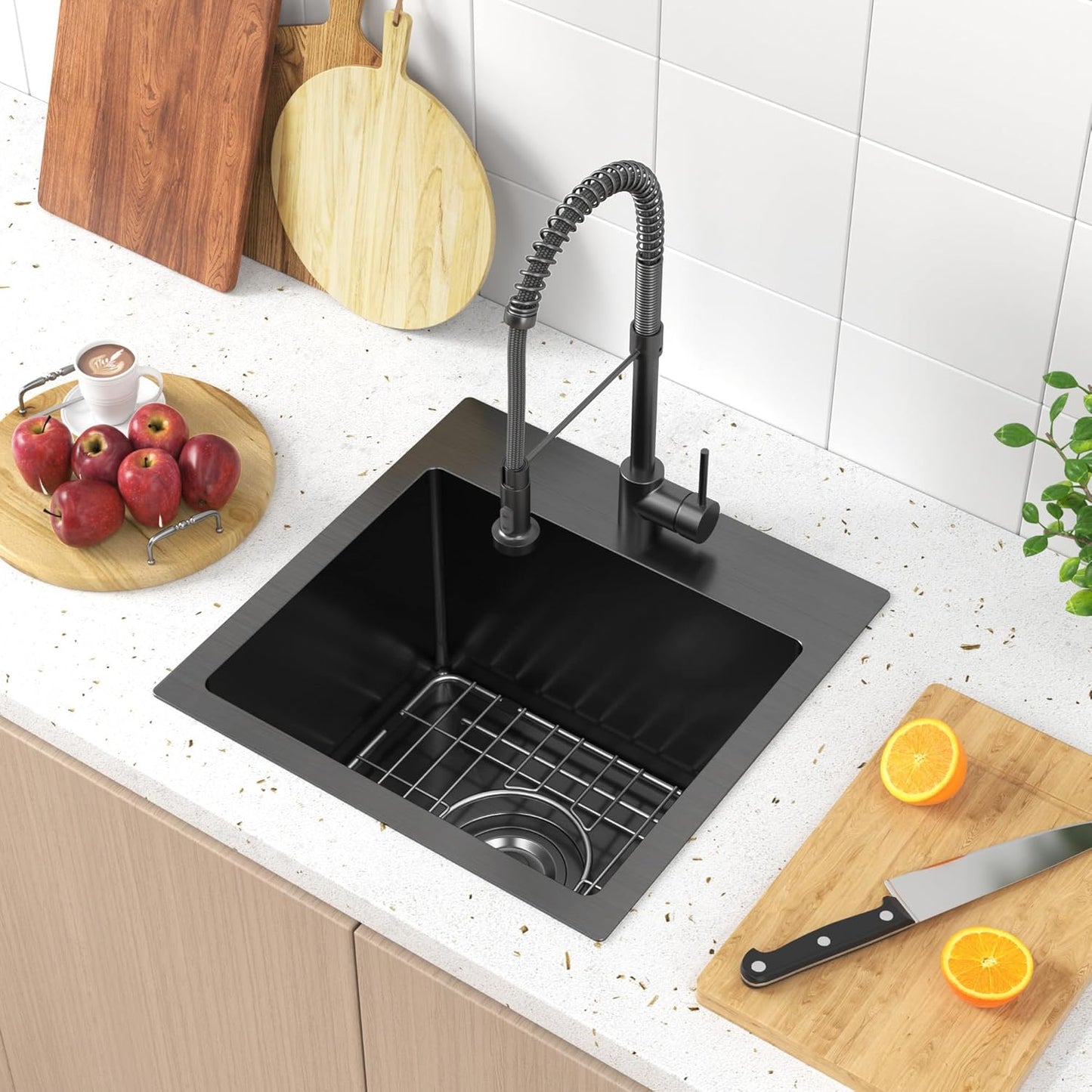 15 x 15 inch Drop in Bar Sink Black, Gunmetal Black Bar Sink 18 Gague Topmount Single Bowl Small Kitchen Sink with Basket Strainer Drain & Bottom Grid