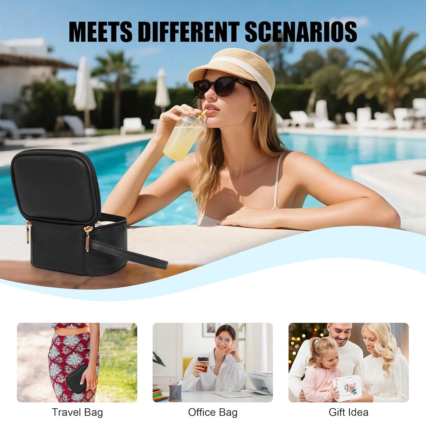 Relavel Mini Makeup Bag with Led Mirror, Small Cosmetic Bag with 3 Light Modes, Rechargeable Portable Makeup Pouch with Hands-Free Wrist Strap for Pool Parties丨Work Touch-Ups丨Travel - Black