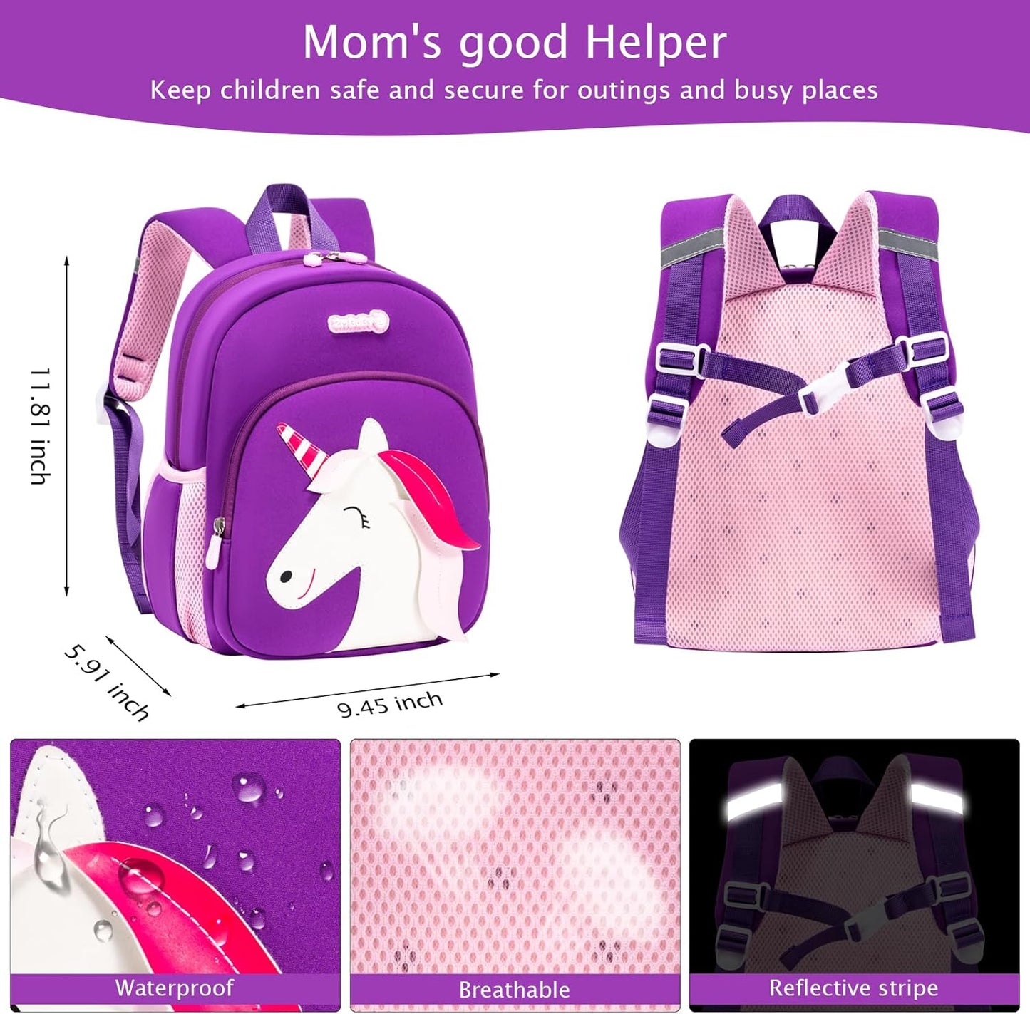 Padgene Toddler Harness Backpacks Safety Leash Kids Anti Lost Kindergarten Preschool Backpack Neoprene Lightweight Animal Schoolbag 3D Cartoon Dinasour Mini Travel Bag for Boys Girls Ages 3-5