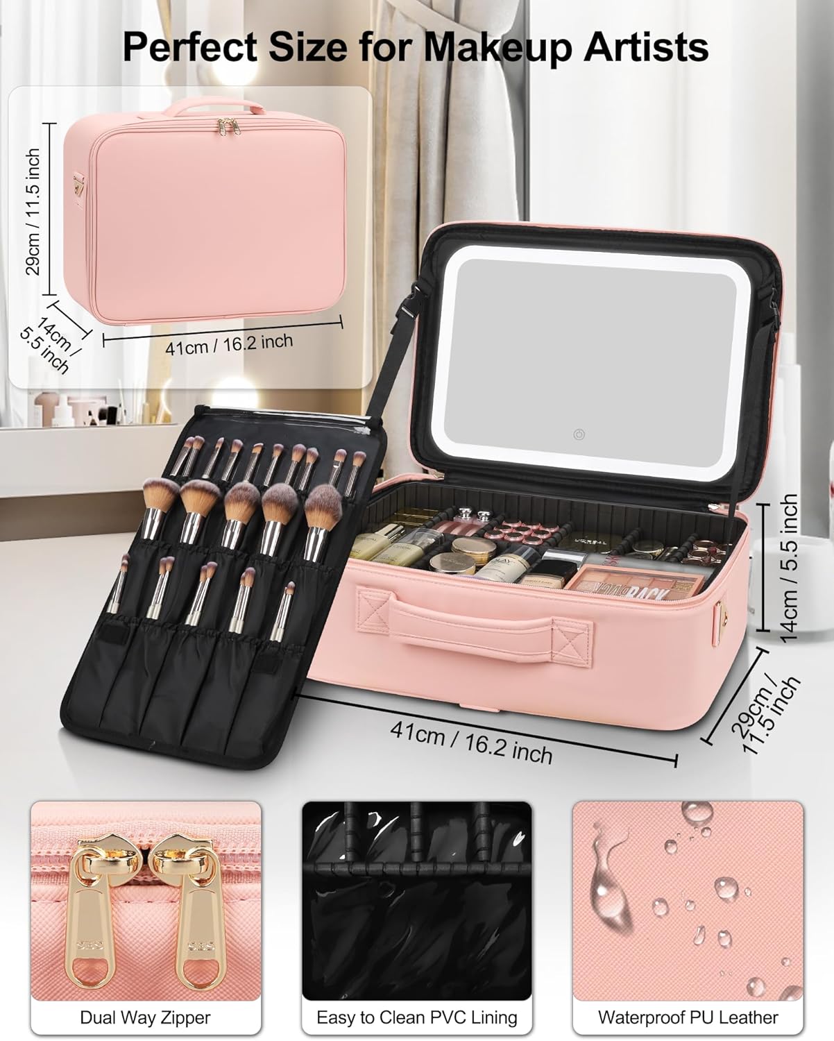 Chomeiu Makeup Bag with LED Mirror, Large Train Case for Makeup Artists, 16.2 inches Travel Professional Cosmetic Organizer with Light Up Mirror, 3 Color Lights, Brush Holder & Shoulder Strap (Pink)