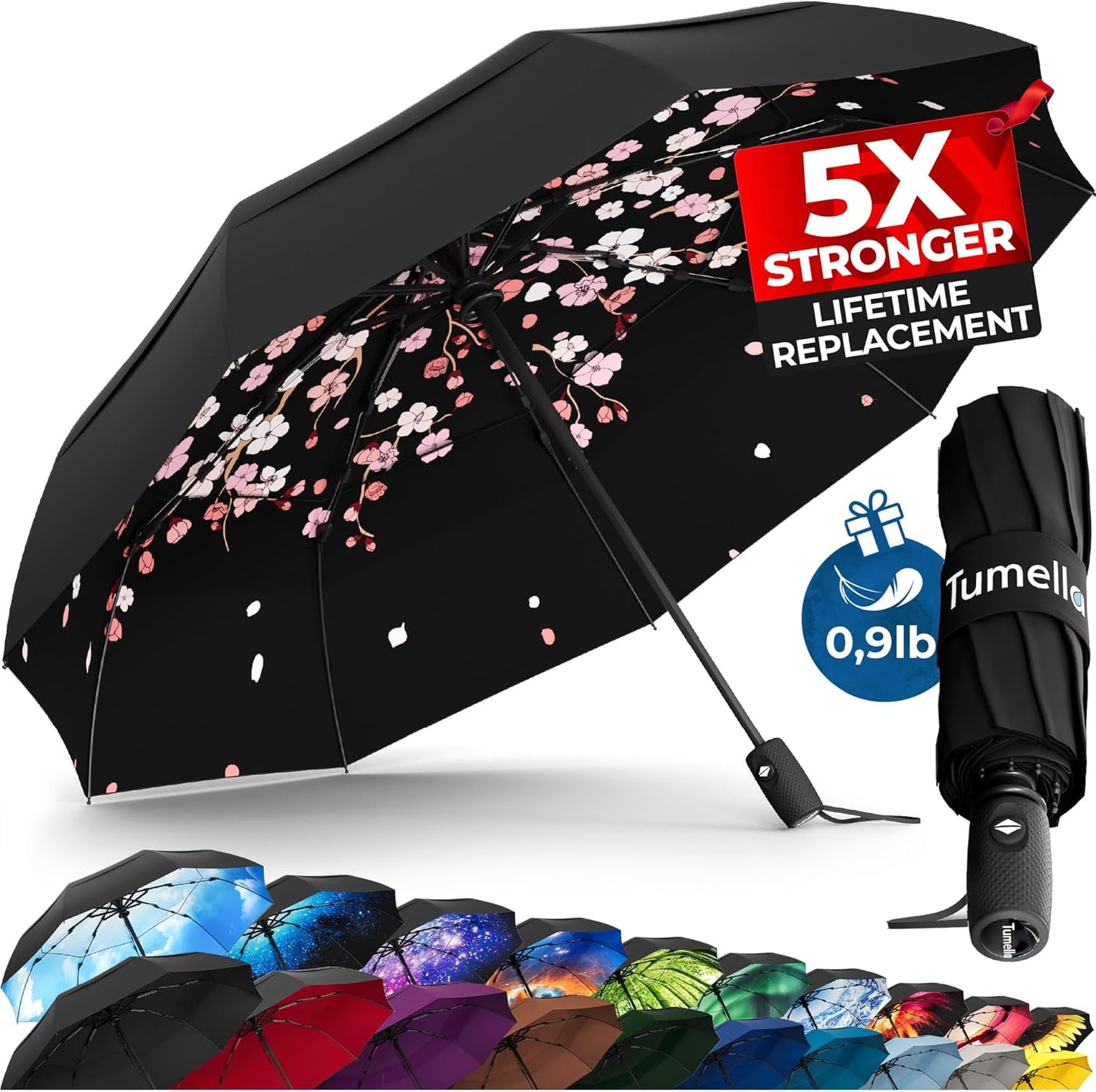 TUMELLA Strongest Windproof Travel Umbrella (Compact, Superior & Beautiful), Small Strong but Light Portable and Automatic Folding Rain Umbrella, Durable Premium Grip, Fits Car & Backpack