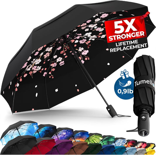 TUMELLA Strongest Windproof Travel Umbrella (Compact, Superior & Beautiful), Small Strong but Light Portable and Automatic Folding Rain Umbrella, Durable Premium Grip, Fits Car & Backpack