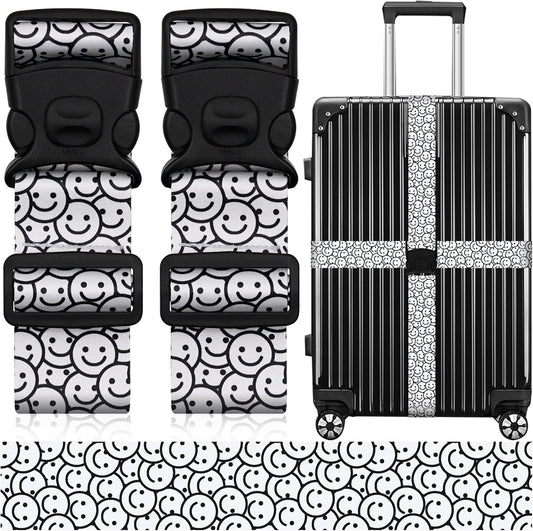 2 Pack Luggage Straps for Suitcases, Adjustable Travel Belt with Double Lock and Quick Release Buckle, Heavy Duty Nylon Bag Packing Strap, Bright Identifiers Business Travel Accessories-White Smiles