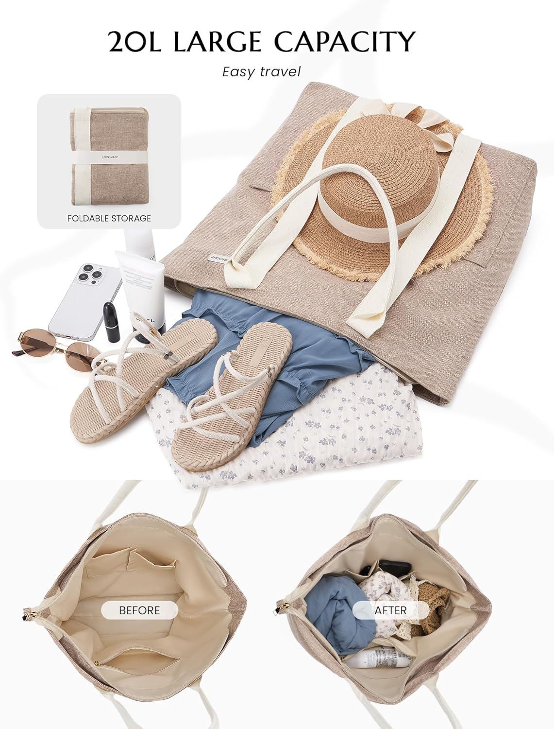 Large Beach Tote Bag with Zipper-Travel Tote Bag for Women with Sun Hat Holder Strap Boho Summer Beach Tote