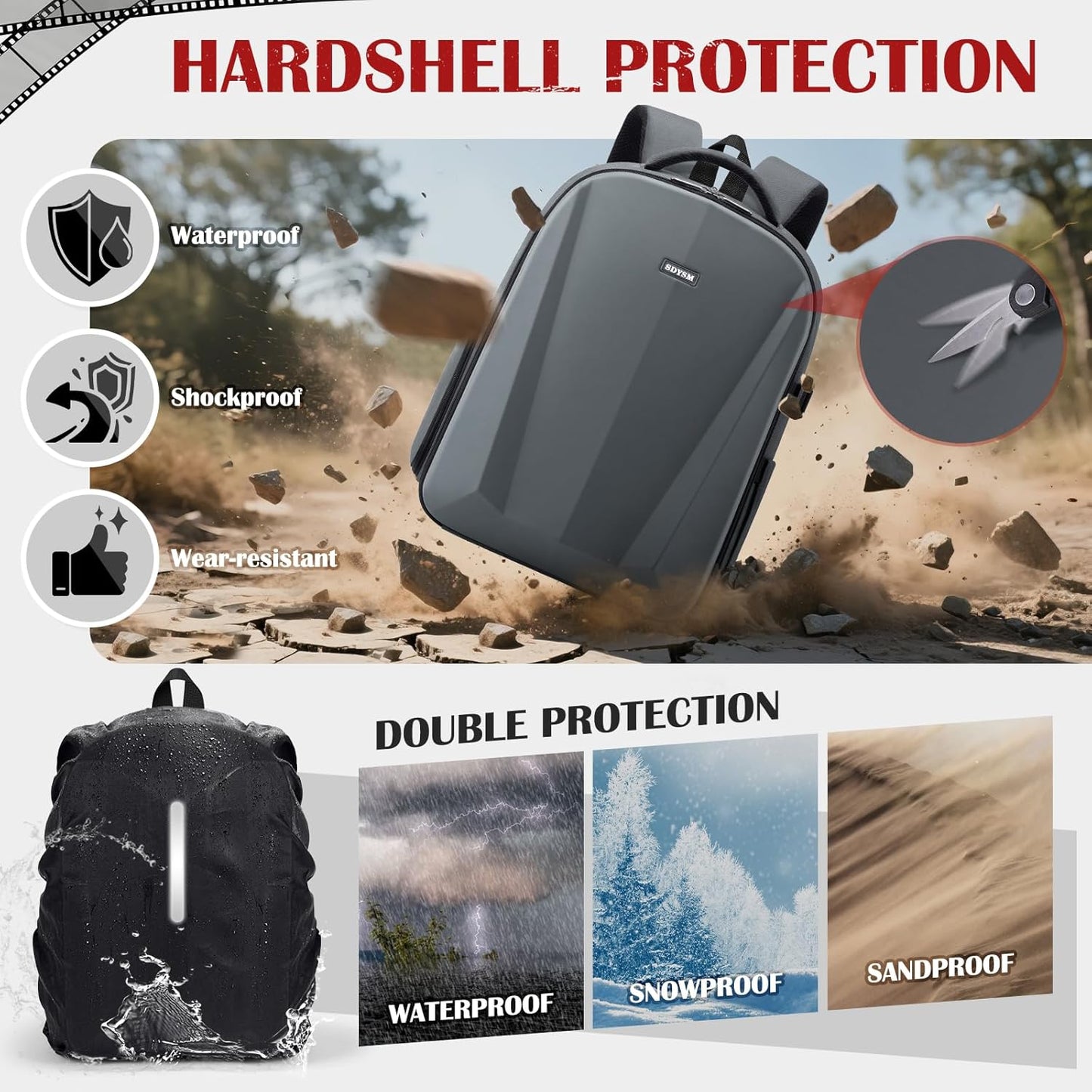 SDYSM Camera Backpack, Hardshell DSLR/SLR Camera Bag with Lens Pouch & 15.6" Laptop Compartment Waterproof Camera Case with Rain Cover Photography Backpack Compatible for Canon/Nikon/Sony/Drone,Gray