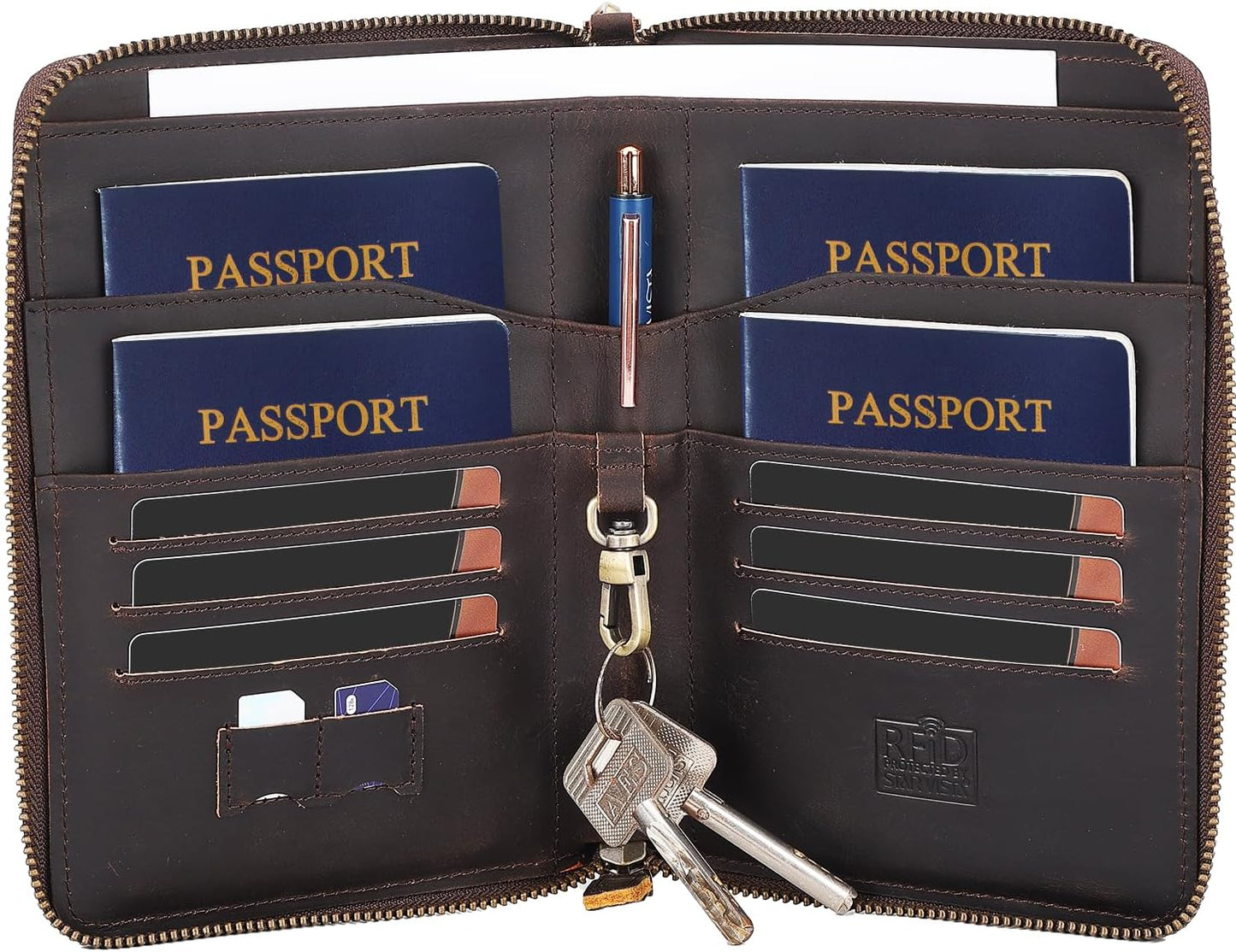 STAR VISTA Lorenzo Full Grain Leather Family Passport Wallet for 4, Large Travel Document Organizer for Exquisite Voyagers, Multi-Currency Compartments, RFID Blocking, AirTag Track, Dark Brown